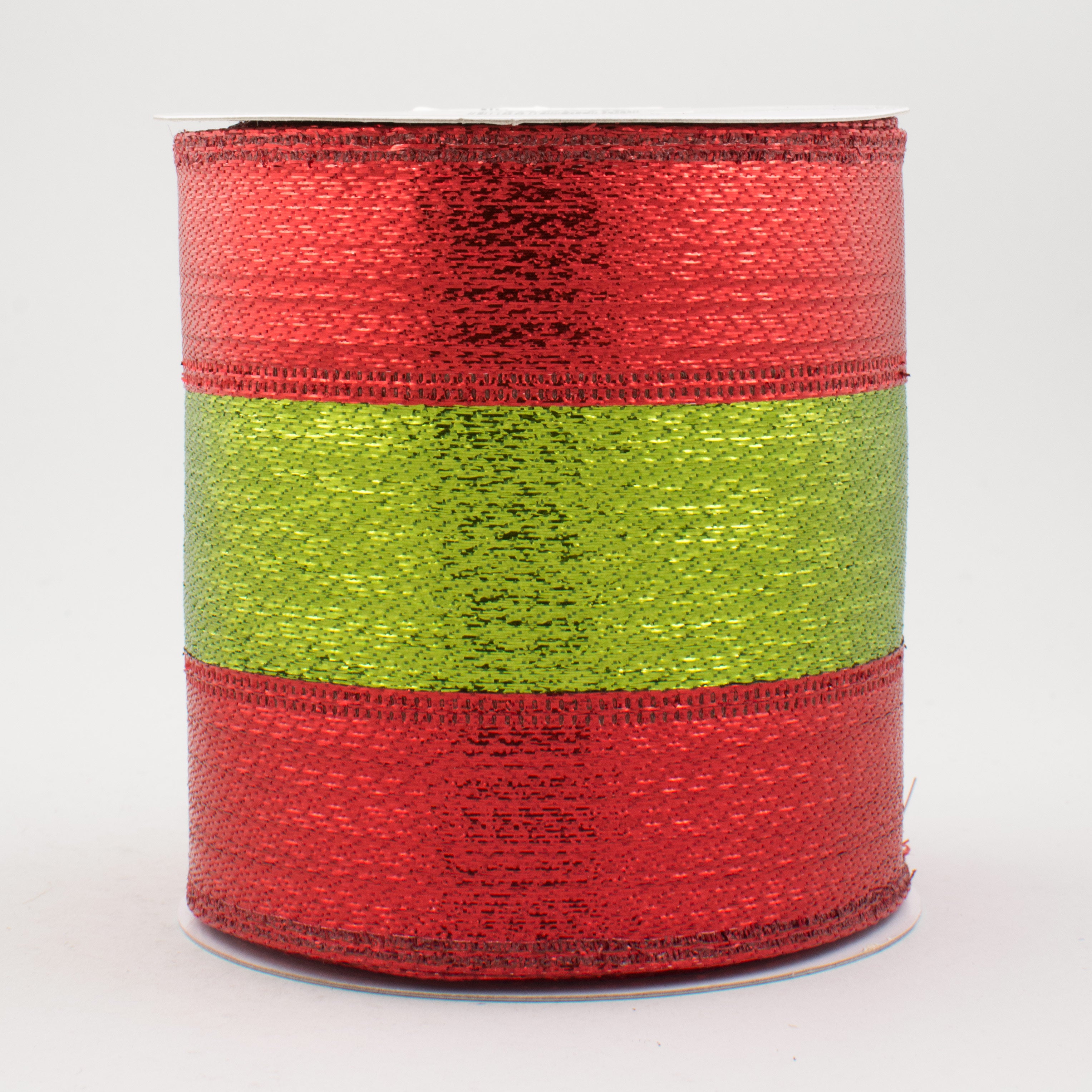 4" Stripe Metallic Lame Ribbon: Red & Lime Green (10 Yards)