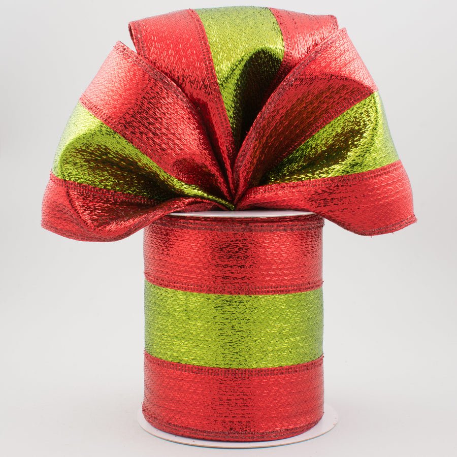 4" Stripe Metallic Lame Ribbon: Red & Lime Green (10 Yards) Lifestyle Photo