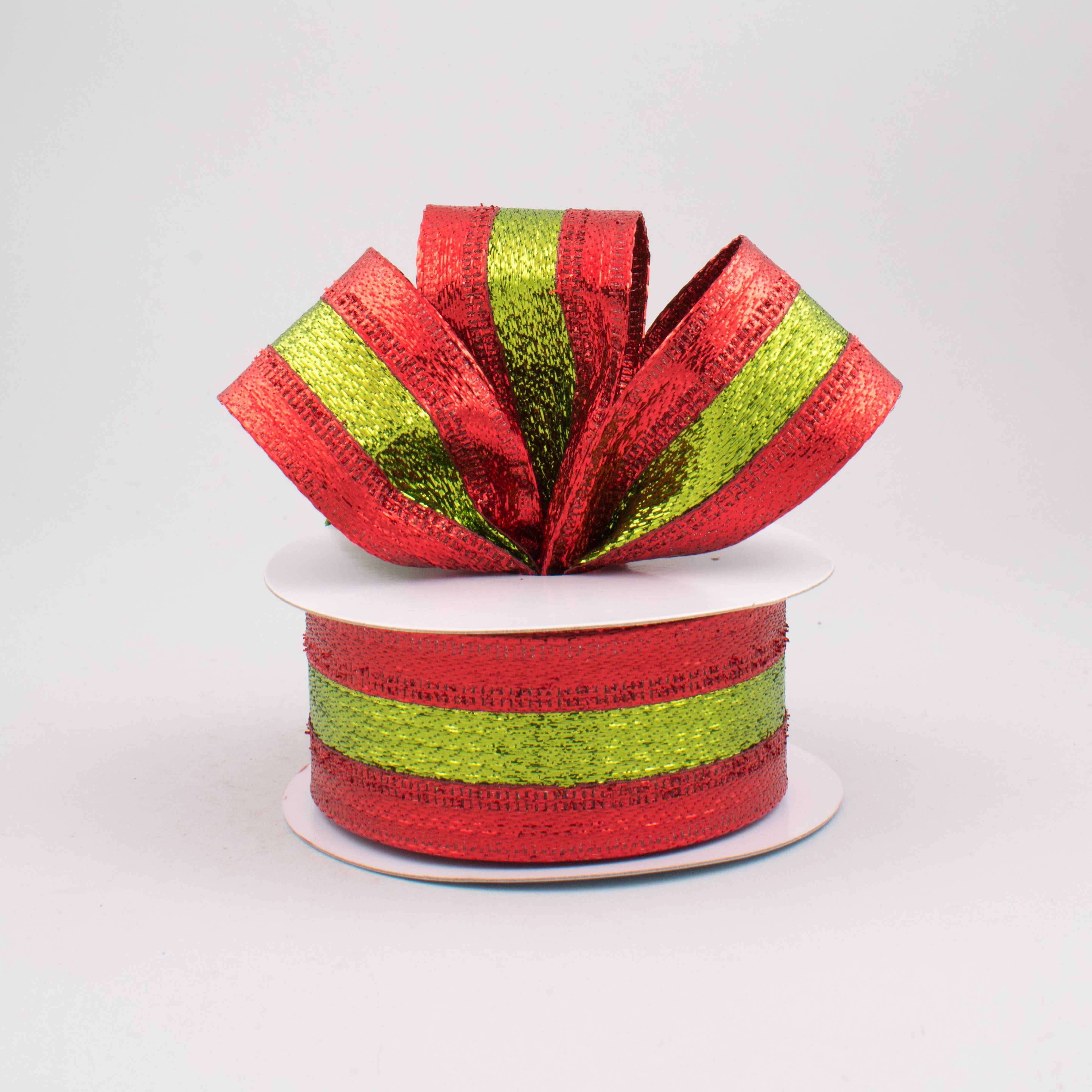 1.5" Stripe Metallic Ribbon: Red & Lime Green (10 Yards) Lifestyle Photo