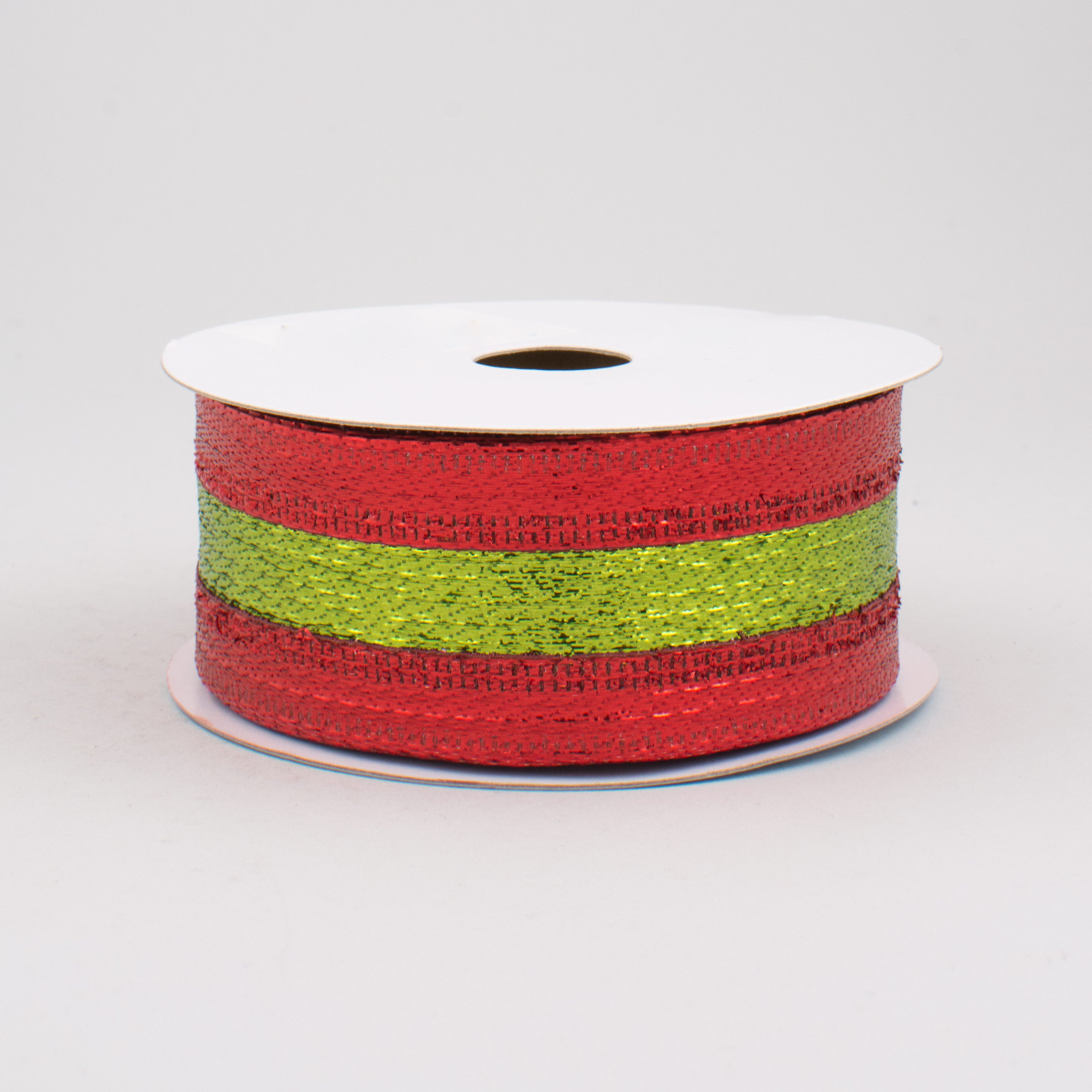 1.5" Stripe Metallic Ribbon: Red & Lime Green (10 Yards)