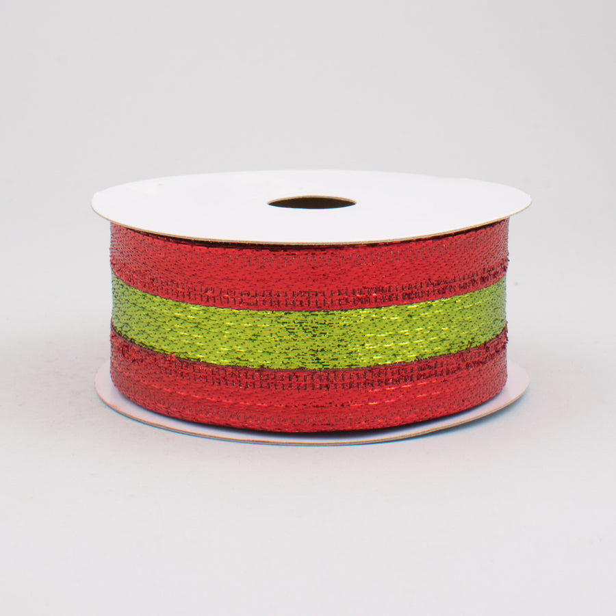 1.5" Stripe Metallic Ribbon: Red & Lime Green (10 Yards)