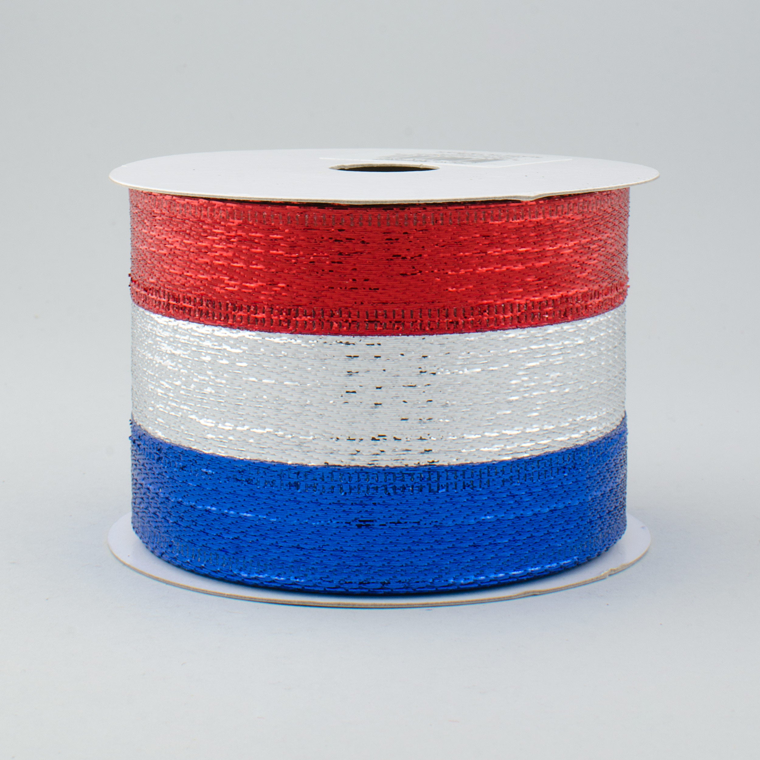 2.5" Stripe Metallic Ribbon: Red, Silver, Royal Blue (10 Yards)