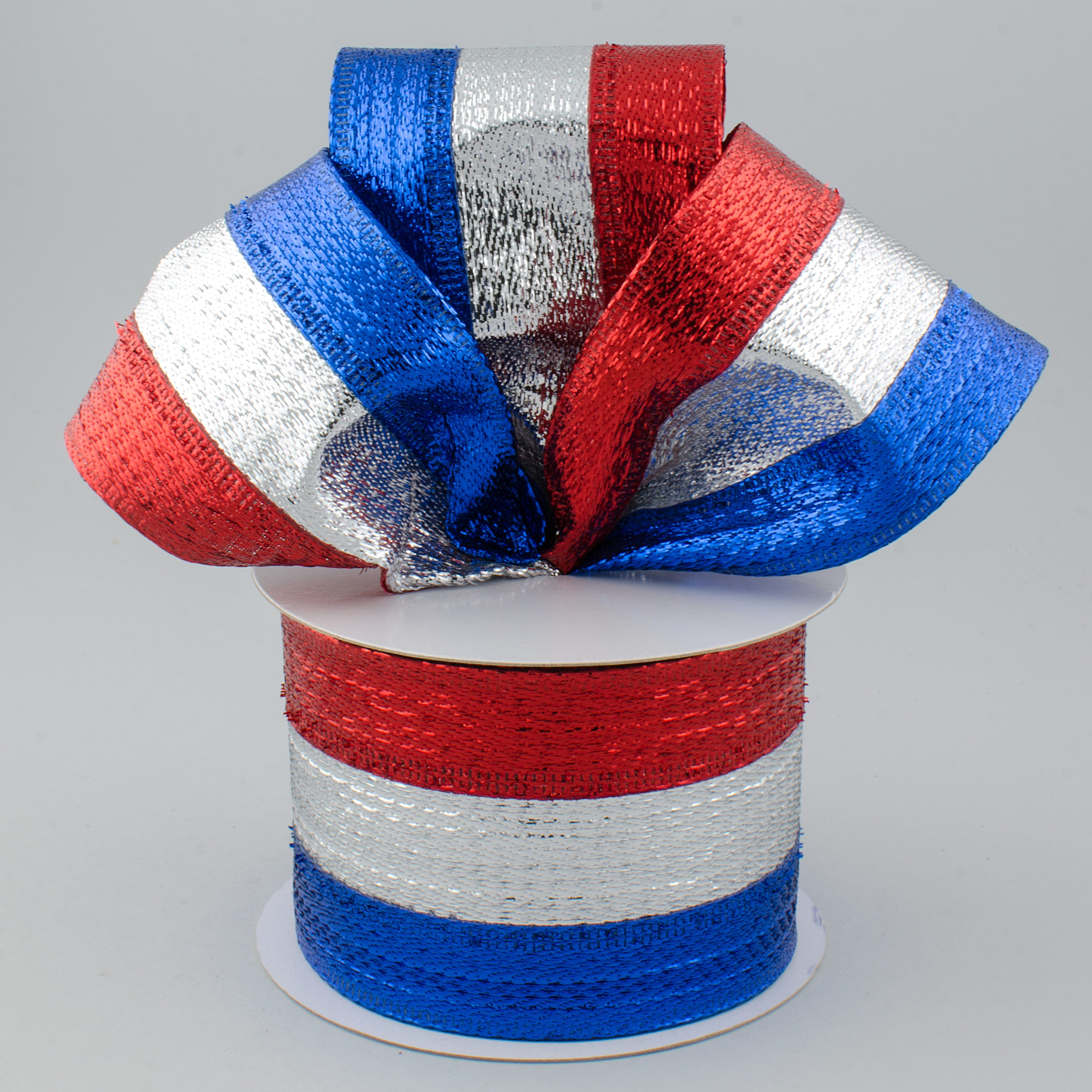 2.5" Stripe Metallic Ribbon: Red, Silver, Royal Blue (10 Yards) Lifestyle Photo