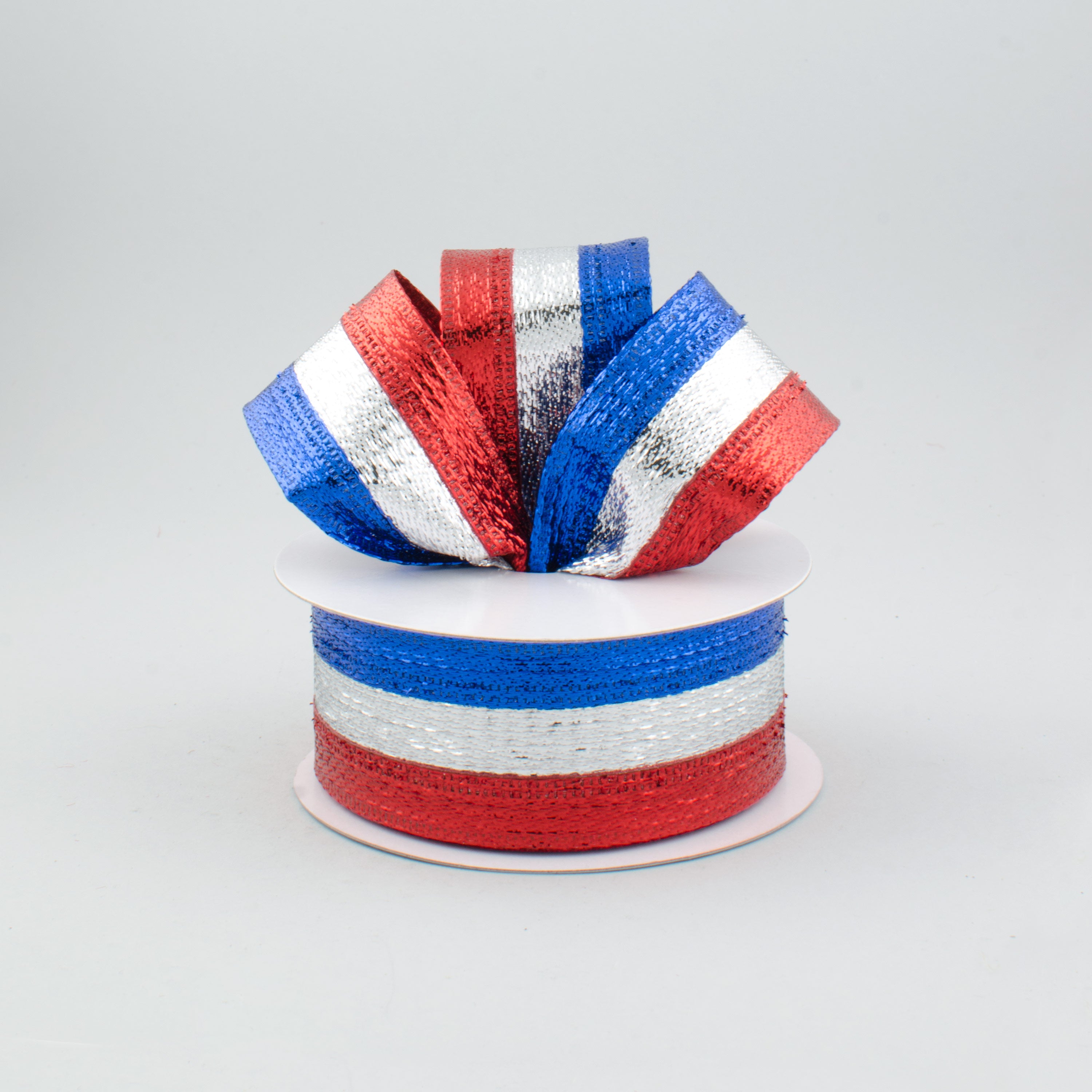 1.5" Stripe Metallic Ribbon: Red, Silver, Royal Blue (10 Yards) Lifestyle Photo