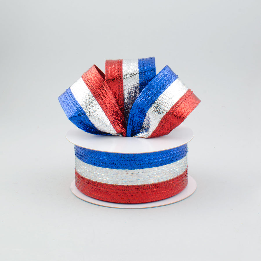 1.5" Stripe Metallic Ribbon: Red, Silver, Royal Blue (10 Yards) Lifestyle Photo