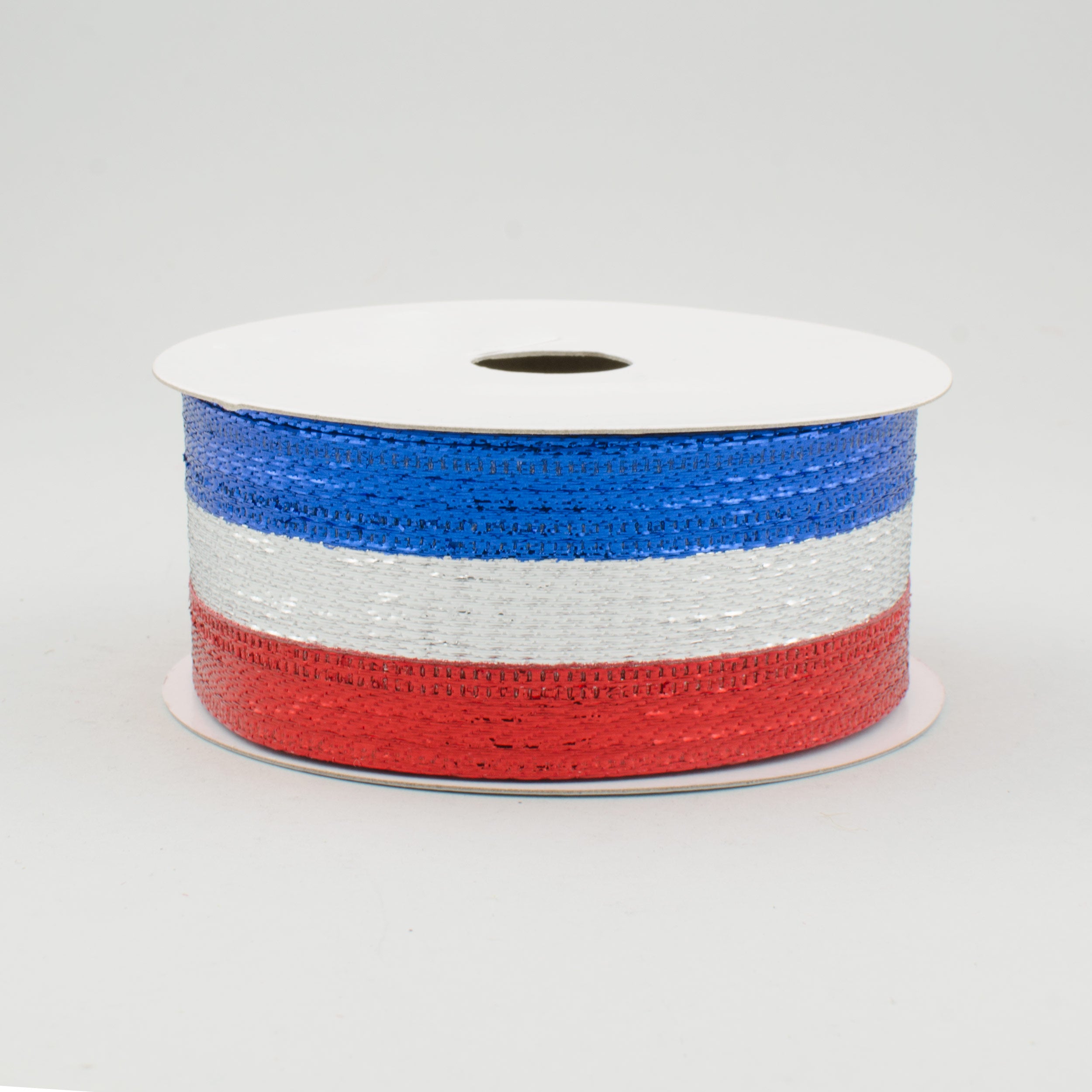1.5" Stripe Metallic Ribbon: Red, Silver, Royal Blue (10 Yards)