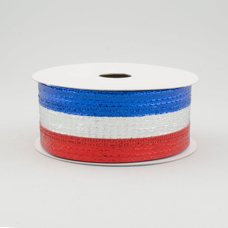 1.5" Stripe Metallic Ribbon: Red, Silver, Royal Blue (10 Yards)