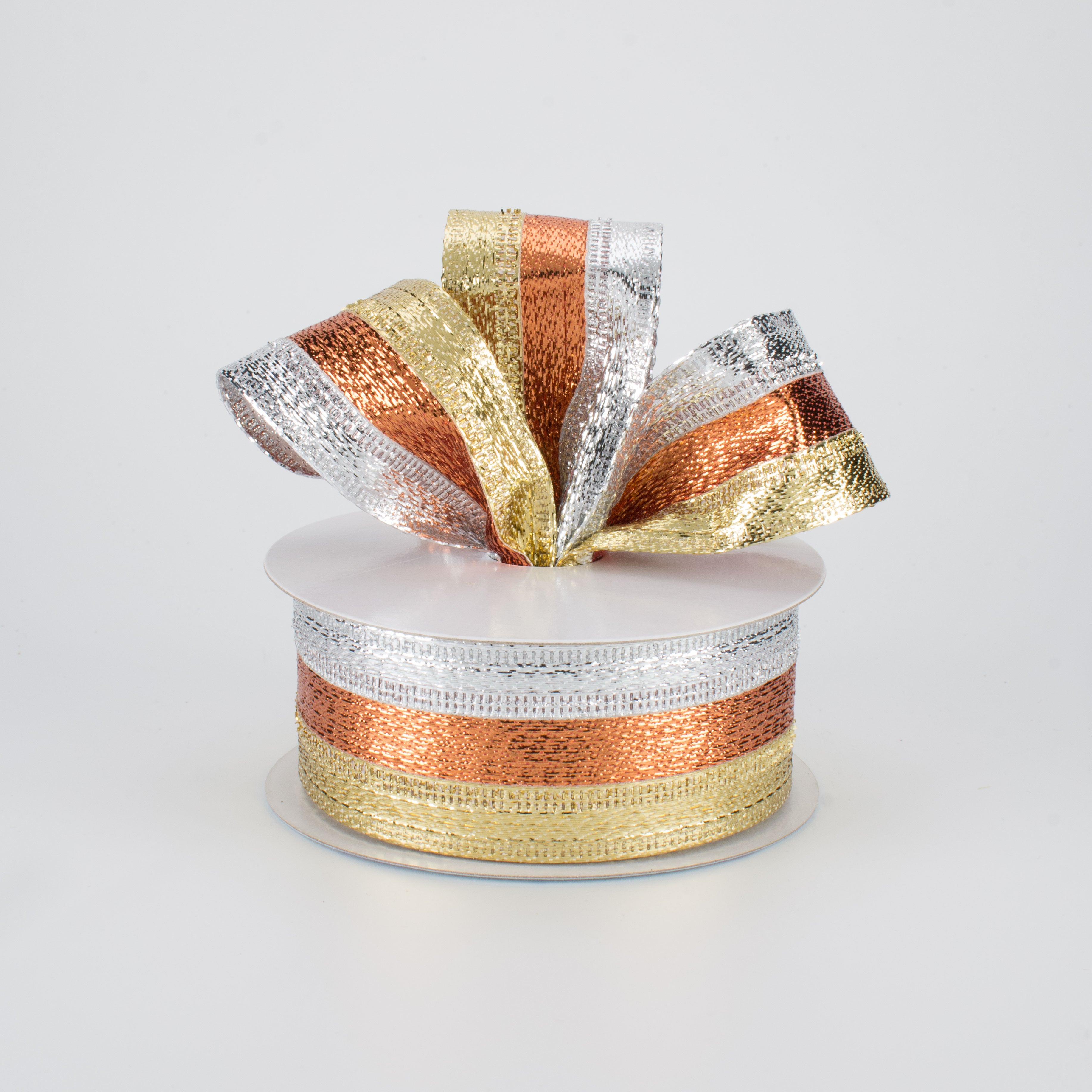 1.5" Stripe Metallic Ribbon: Silver, Copper, Gold (10 Yards) Lifestyle Photo
