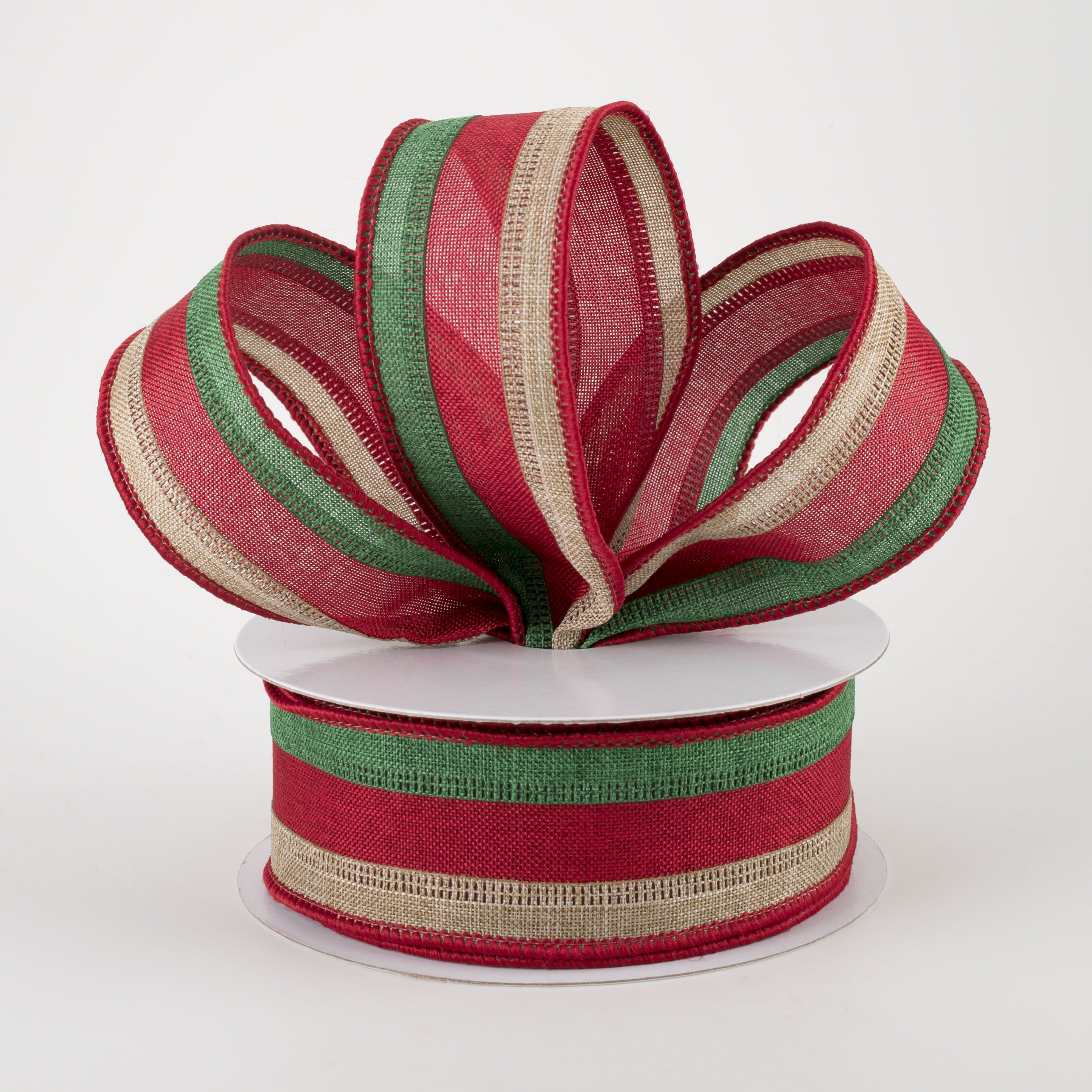1.5" Stripe Ribbon: Emerald, Crimson, Beige (10 Yards) Lifestyle Photo