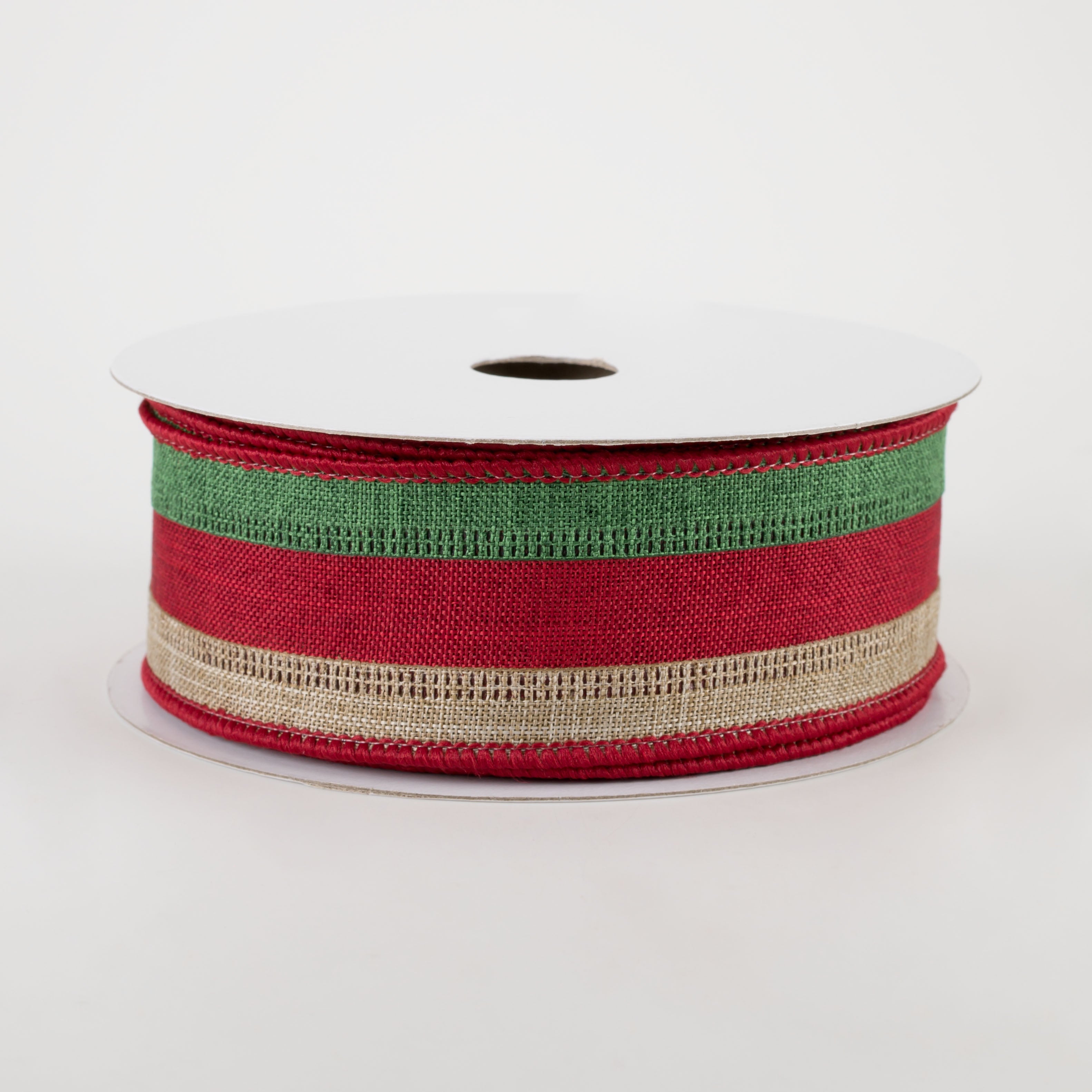 1.5" Stripe Ribbon: Emerald, Crimson, Beige (10 Yards)