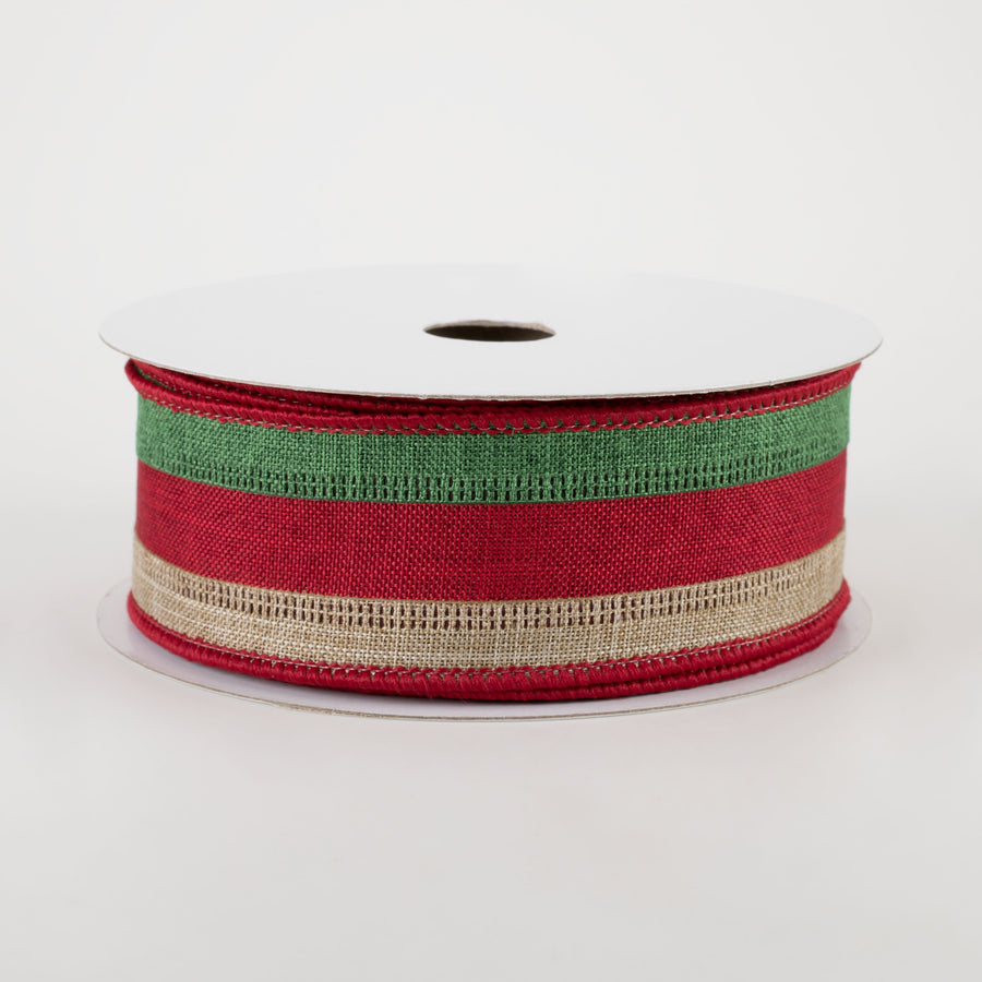 1.5" Stripe Ribbon: Emerald, Crimson, Beige (10 Yards)