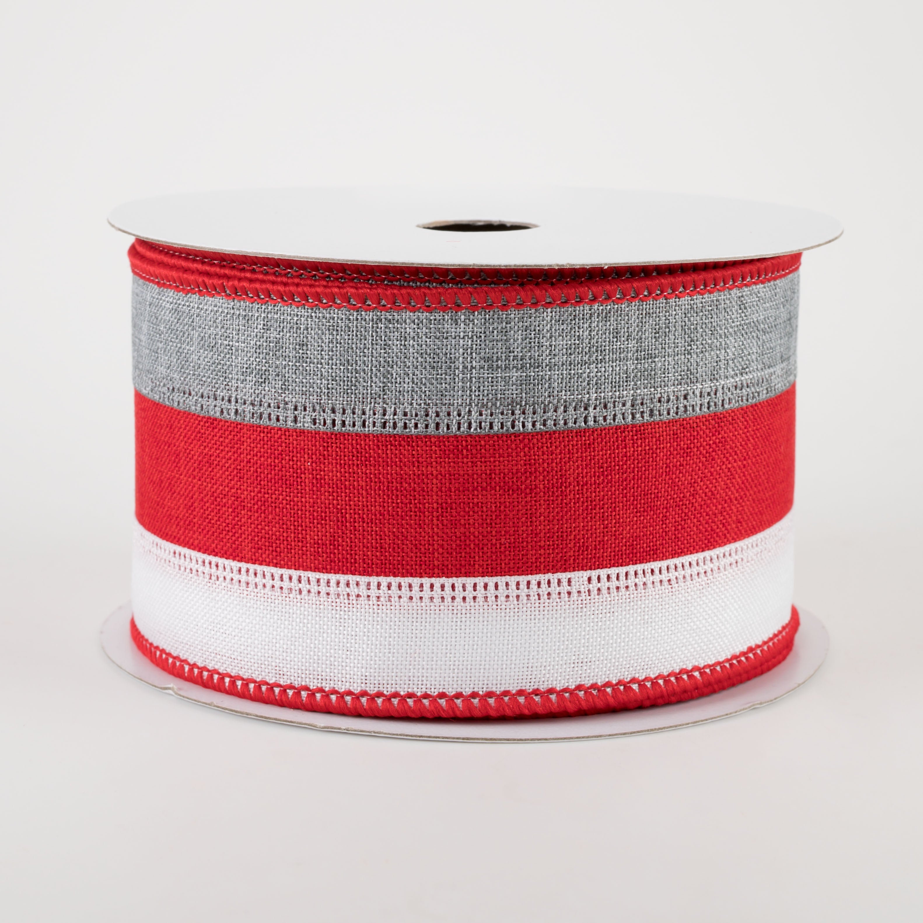 2.5" Stripe Ribbon: Grey, Red, White (10 Yards)