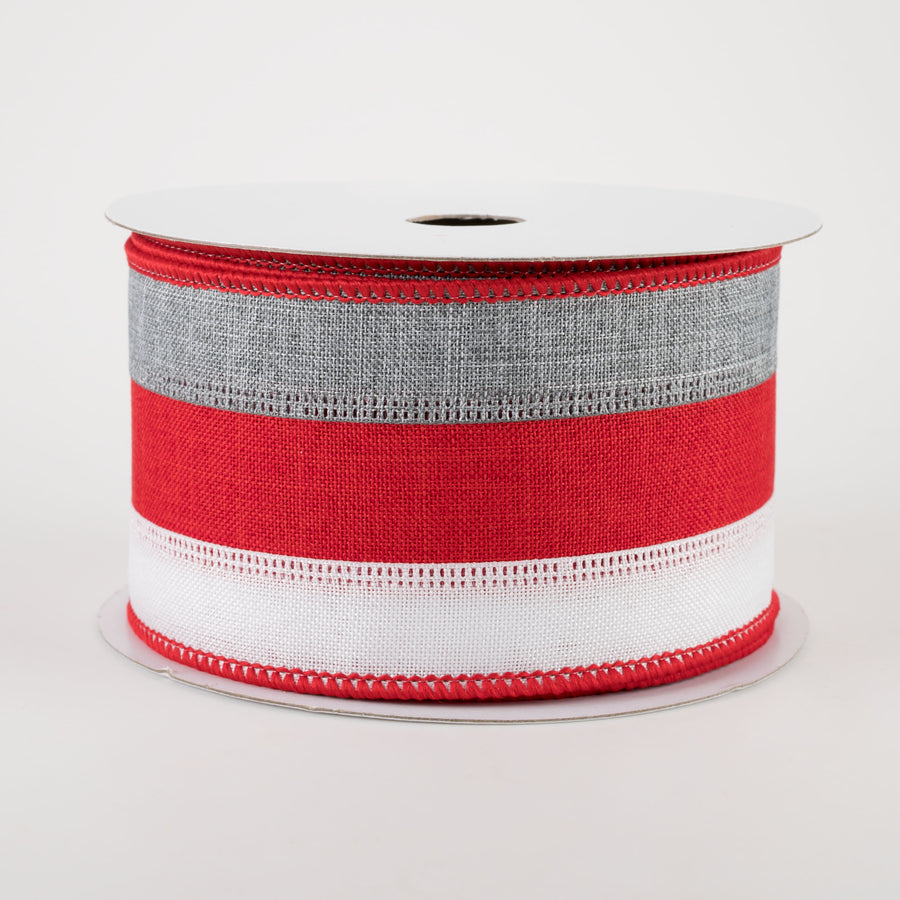 2.5" Stripe Ribbon: Grey, Red, White (10 Yards)