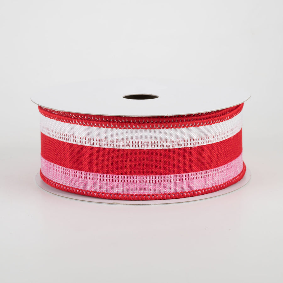1.5" Stripe Ribbon: White, Red, Pink (10 Yards)