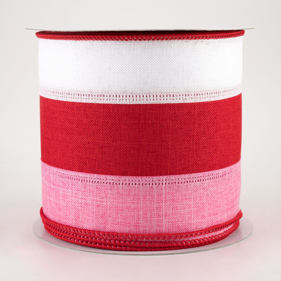 4" Stripe Ribbon: White, Red, Pink (10 Yards)