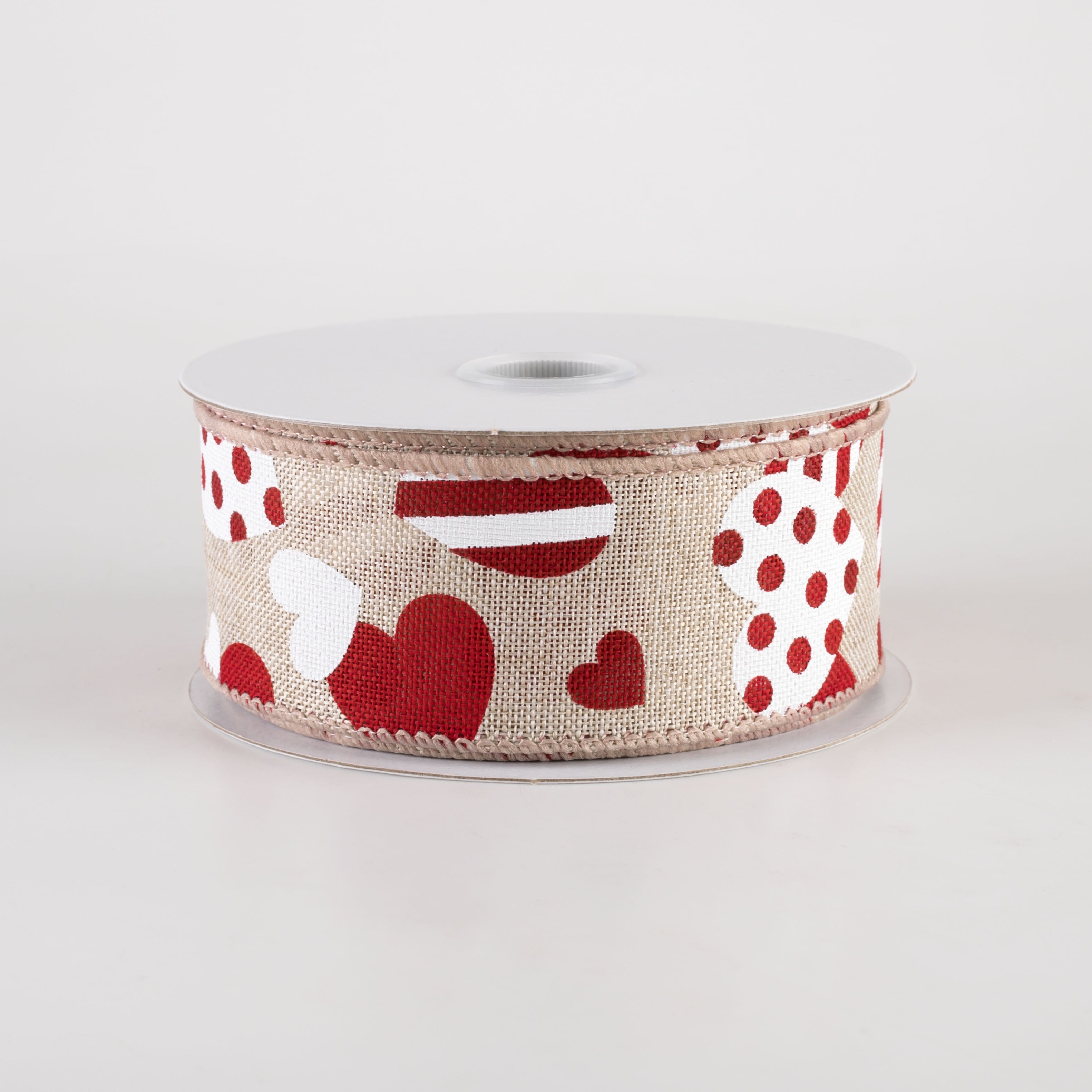 1.5" Striped & Dotted Hearts Linen Ribbon: Natural, Red, White (10 Yards) Item Number: 11412-09-15
