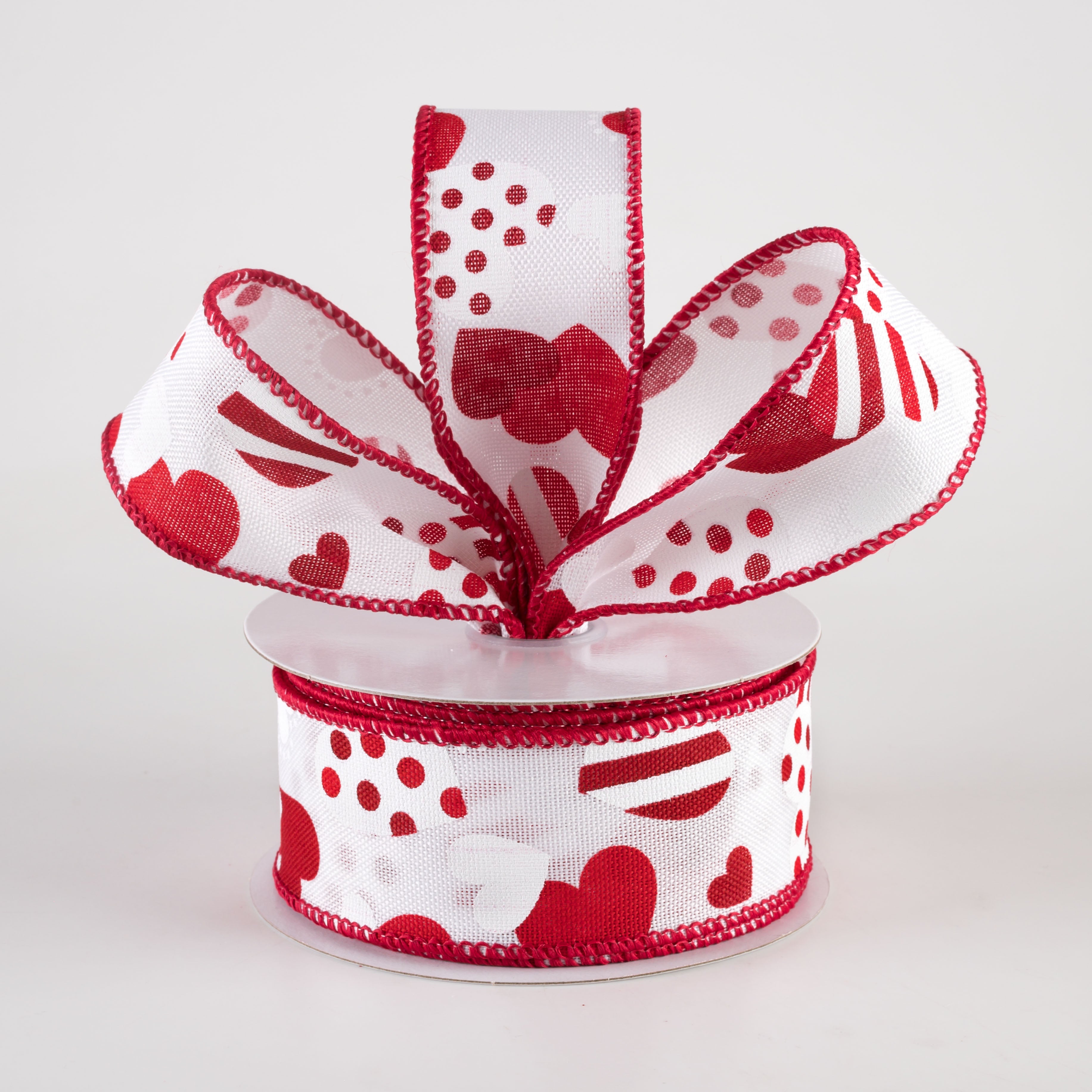1.5" Striped & Dotted Hearts Linen Ribbon: Red & White (10 Yards) Lifestyle Photo