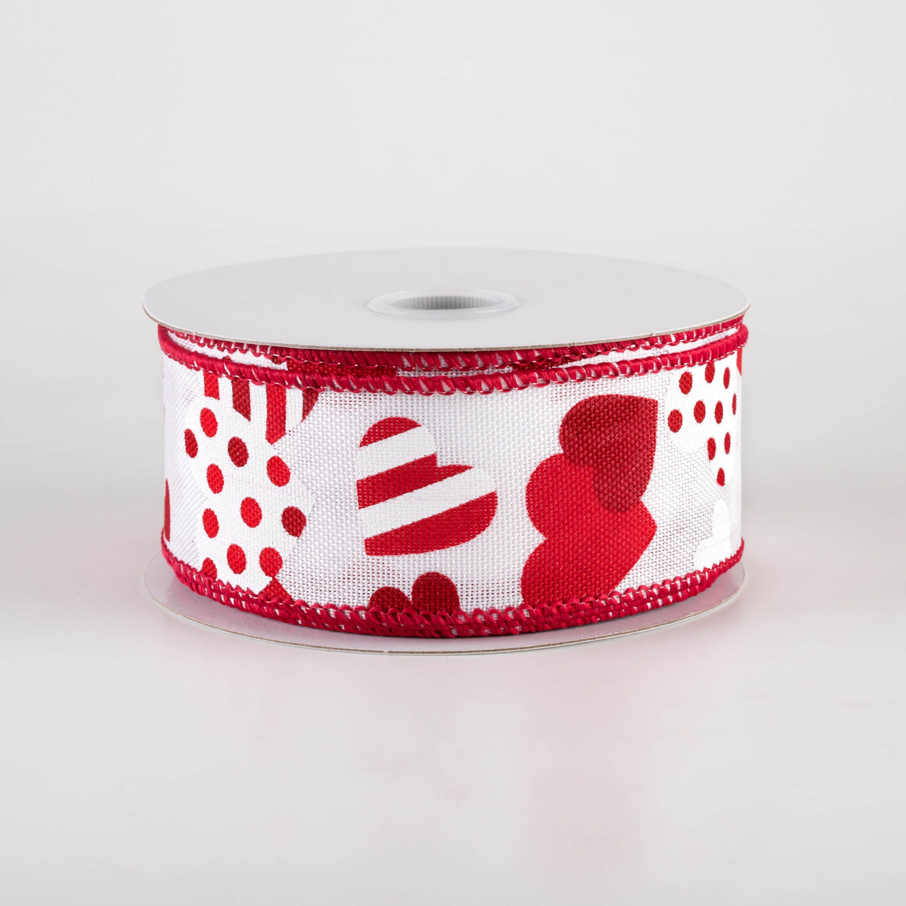 1.5" Striped & Dotted Hearts Linen Ribbon: Red & White (10 Yards) Item Number: 11413-09-10