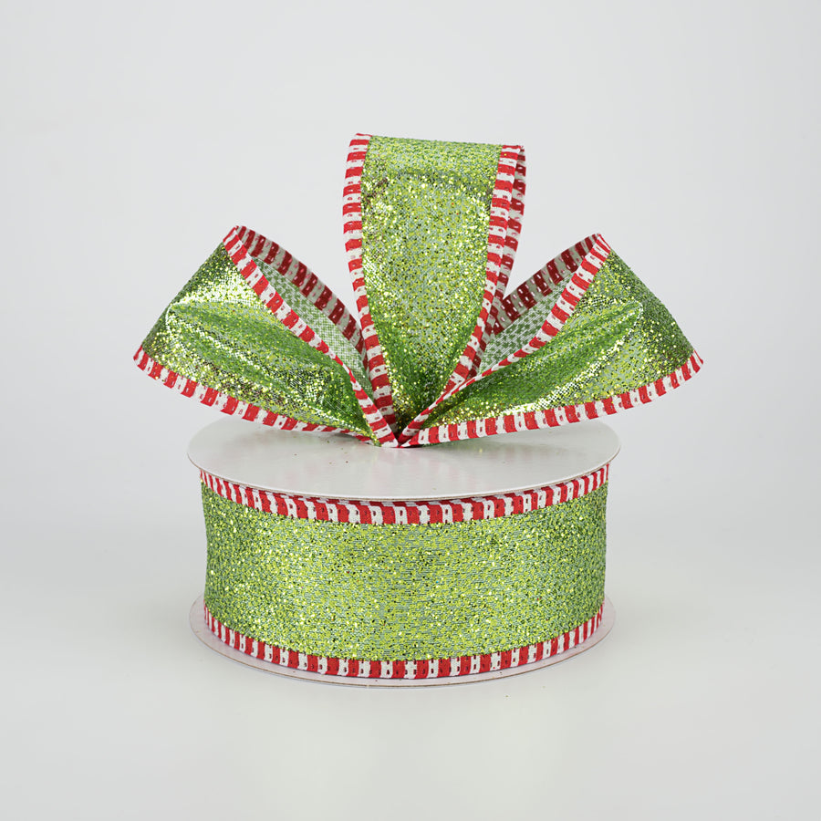 1.5" Striped Edge Glitter Ribbon: Lime, Red, White (10 Yards) Lifestyle Photo