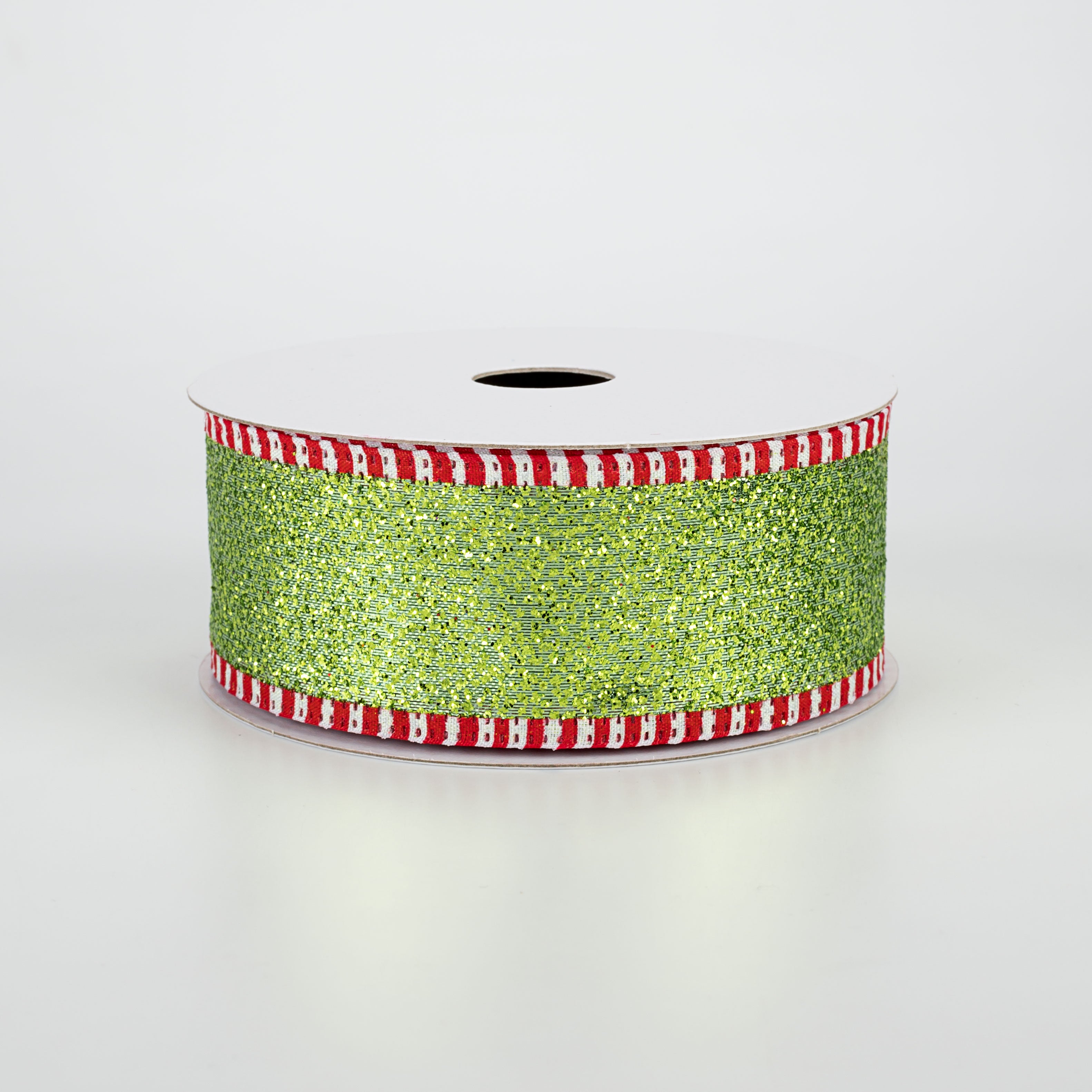 1.5" Striped Edge Glitter Ribbon: Lime, Red, White (10 Yards)