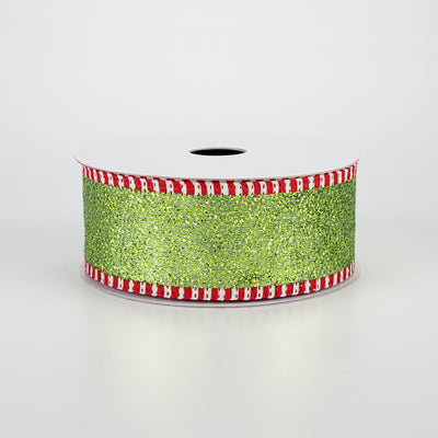 1.5" Striped Edge Glitter Ribbon: Lime, Red, White (10 Yards)