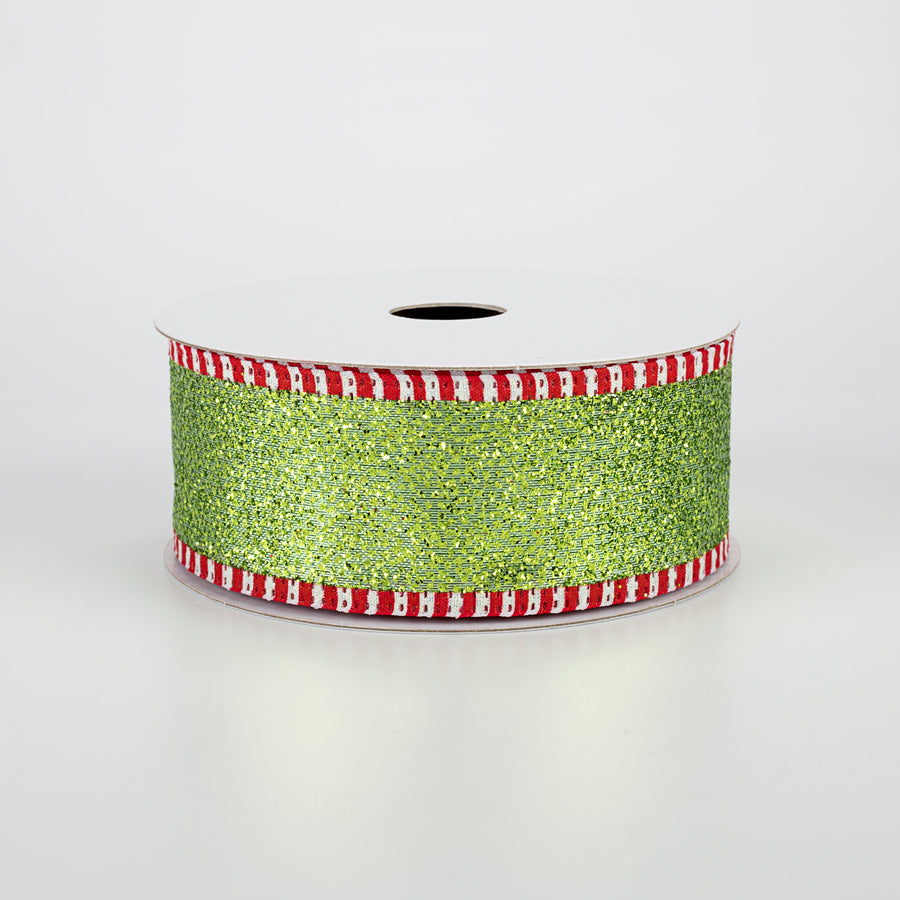 1.5" Striped Edge Glitter Ribbon: Lime, Red, White (10 Yards)