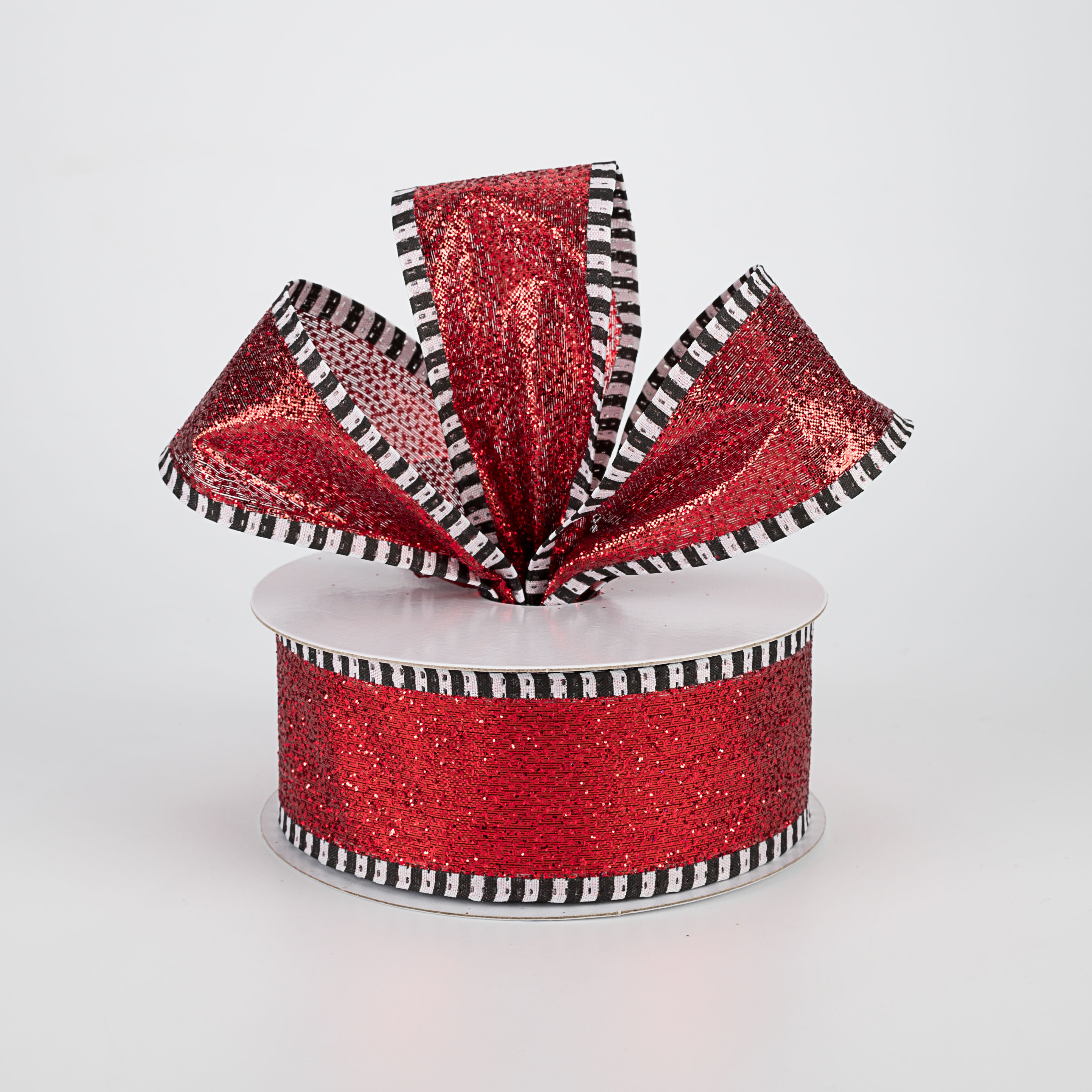 1.5" Striped Edge Glitter Ribbon: Red, Black, White (10 Yards) Lifestyle Photo