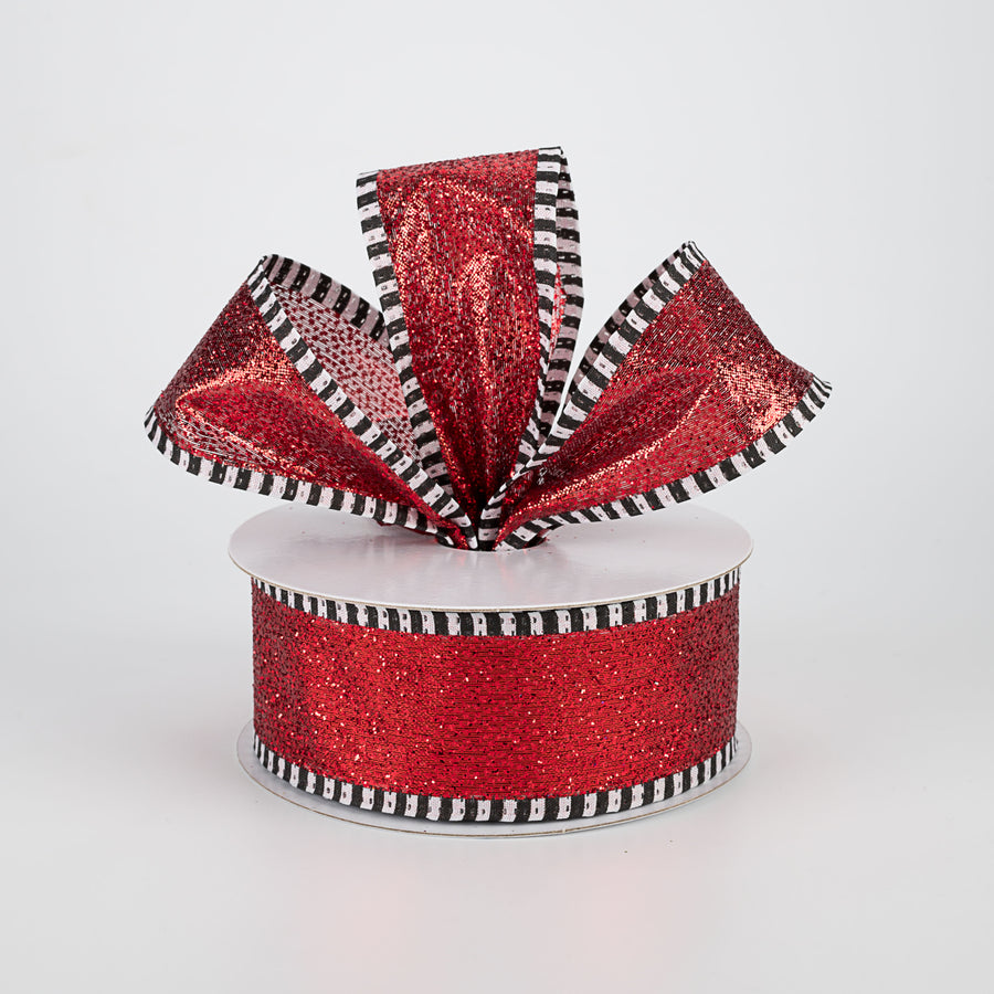 1.5" Striped Edge Glitter Ribbon: Red, Black, White (10 Yards) Lifestyle Photo