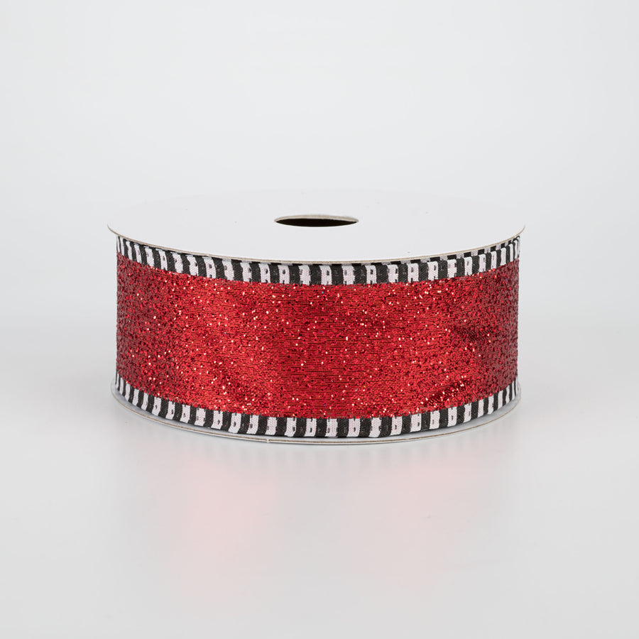 1.5" Striped Edge Glitter Ribbon: Red, Black, White (10 Yards)
