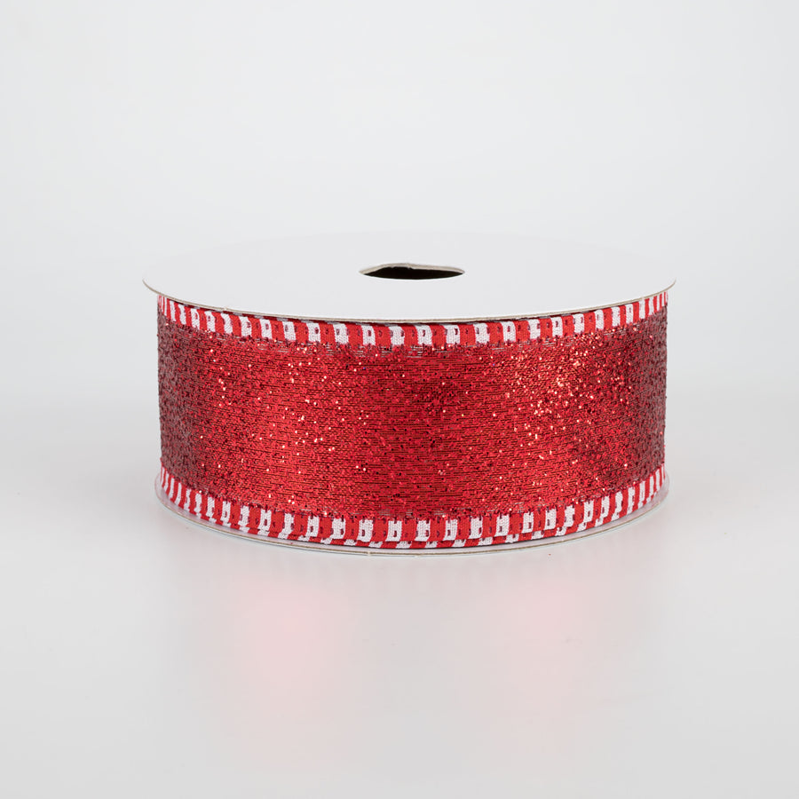 1.5" Striped Edge Glitter Ribbon: Red, White (10 Yards)