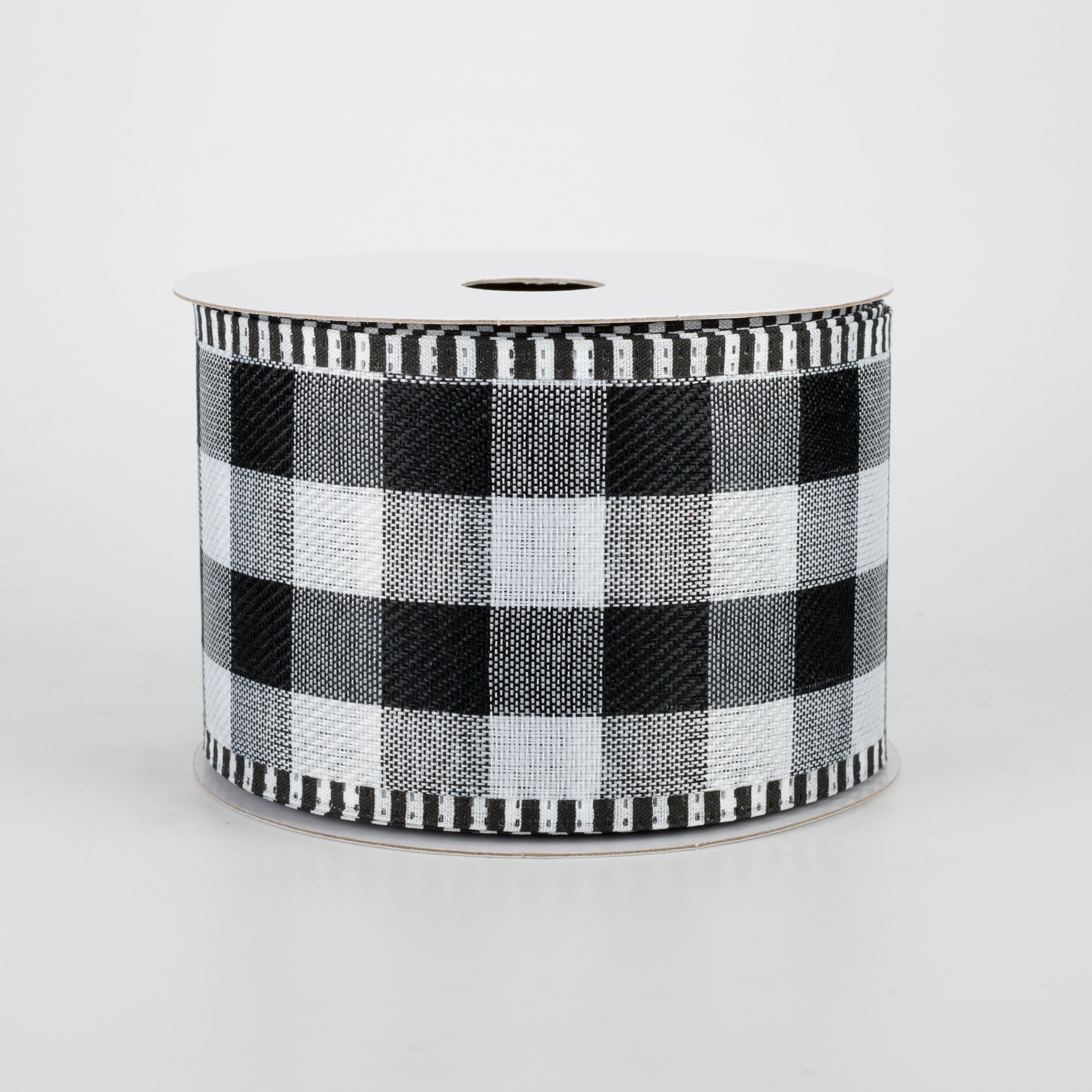 2.5" Striped Edge Plaid Ribbon: Black & White (10 Yards)
