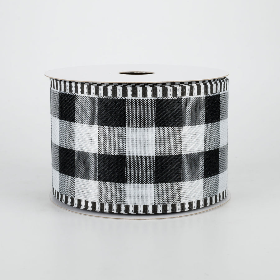 2.5" Striped Edge Plaid Ribbon: Black & White (10 Yards)