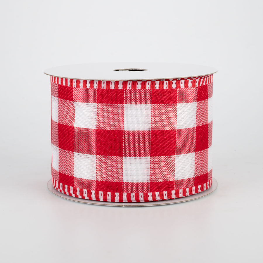 2.5" Striped Edge Plaid Ribbon: Red & White (10 Yards)