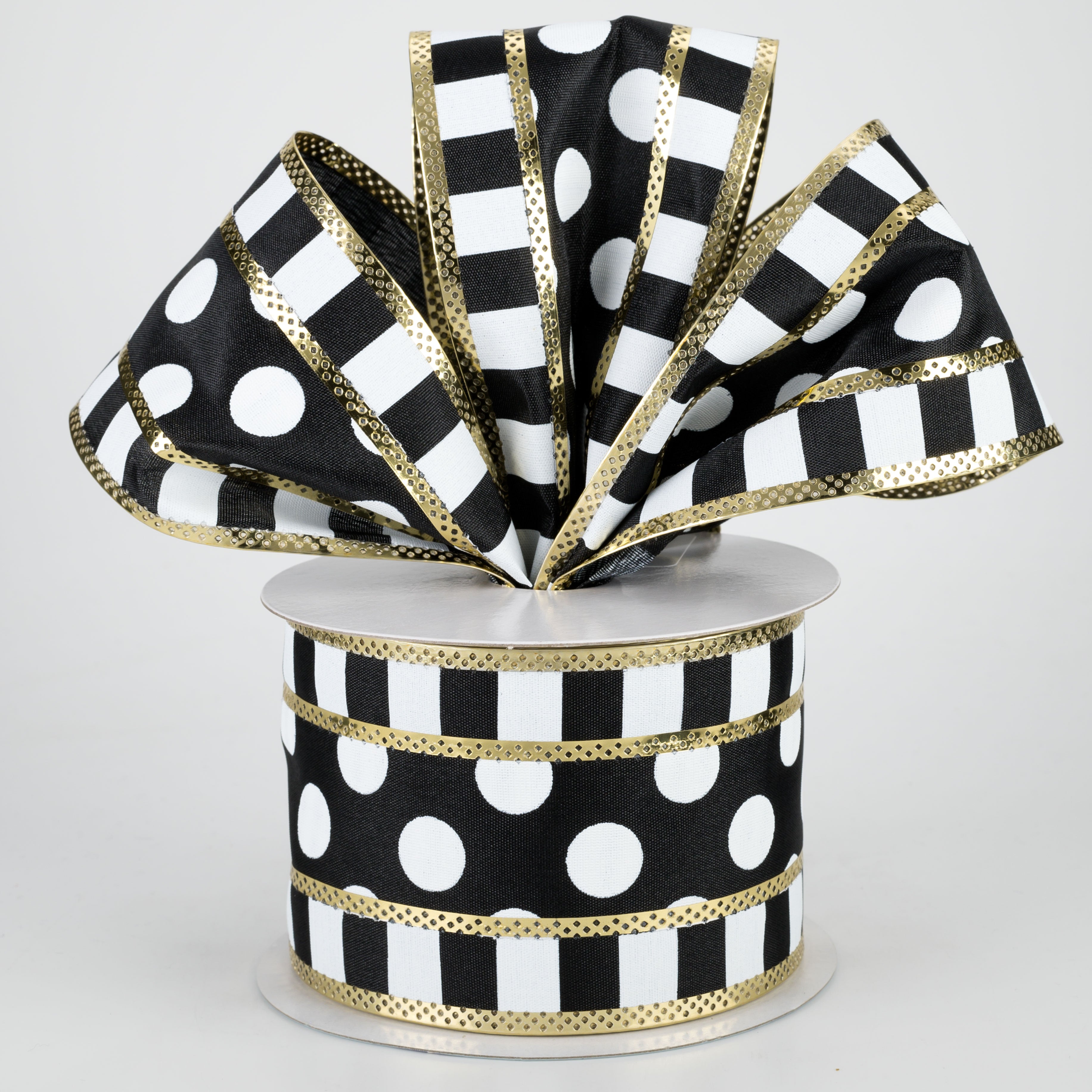 2.5" Striped Edge Polka Dot Ribbon: Black, White, Gold (10 Yards) Lifestyle Photo