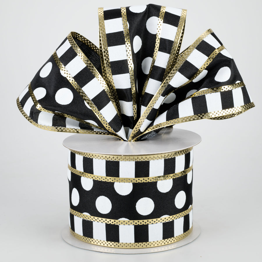 2.5" Striped Edge Polka Dot Ribbon: Black, White, Gold (10 Yards) Lifestyle Photo
