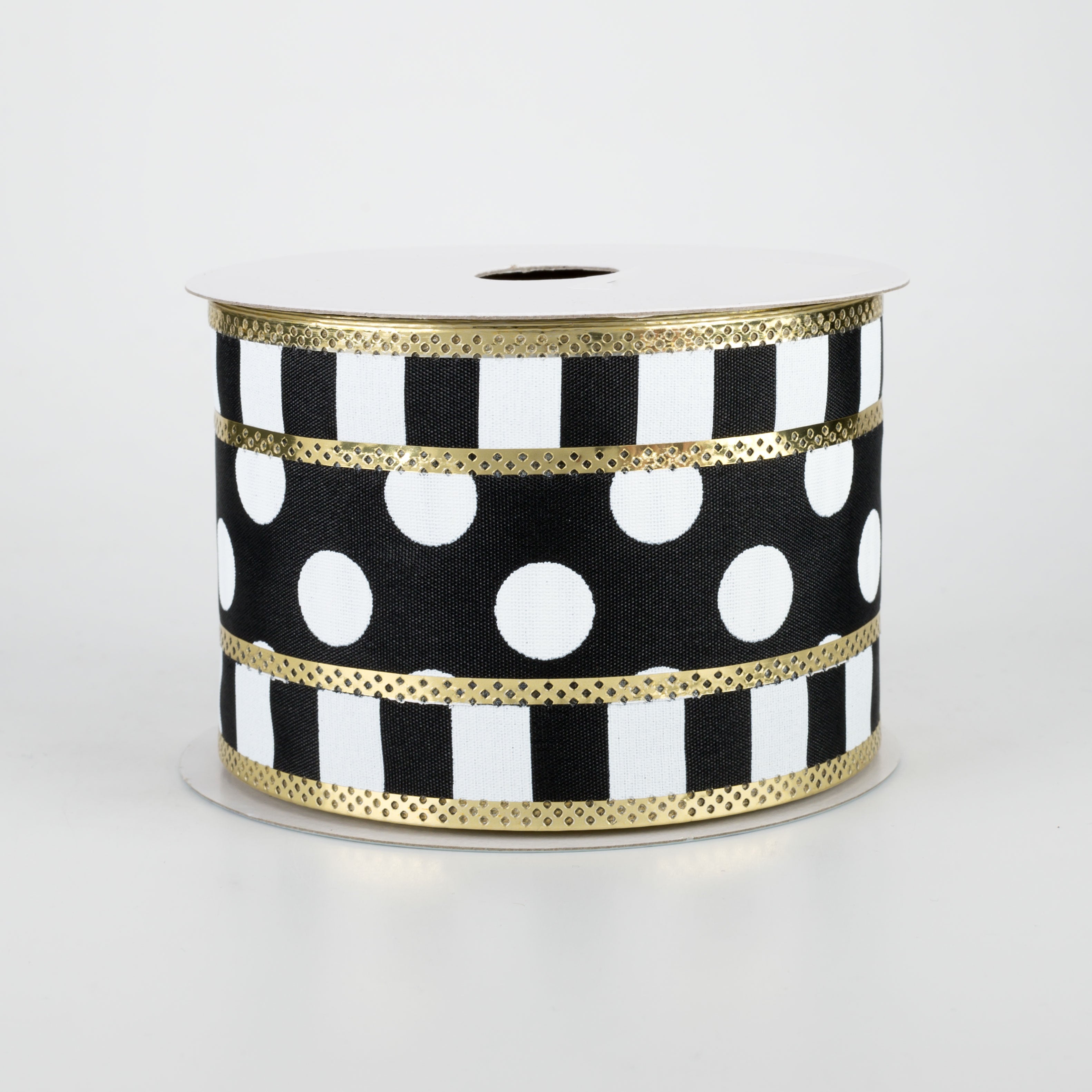 2.5" Striped Edge Polka Dot Ribbon: Black, White, Gold (10 Yards)
