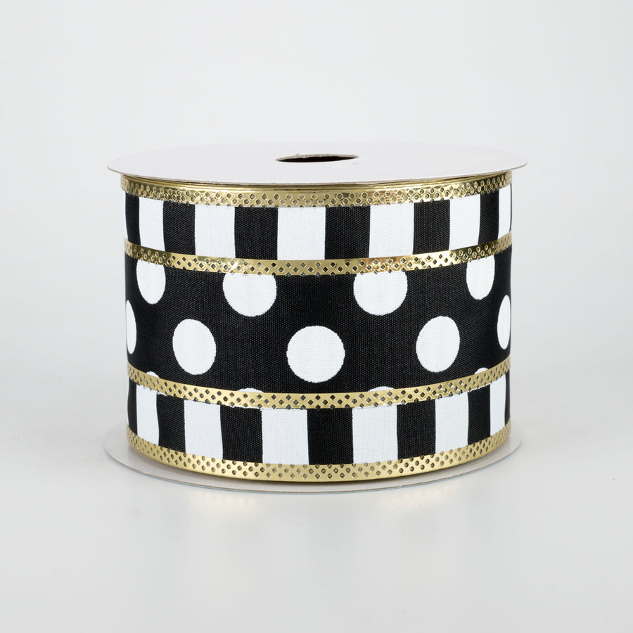 2.5" Striped Edge Polka Dot Ribbon: Black, White, Gold (10 Yards)