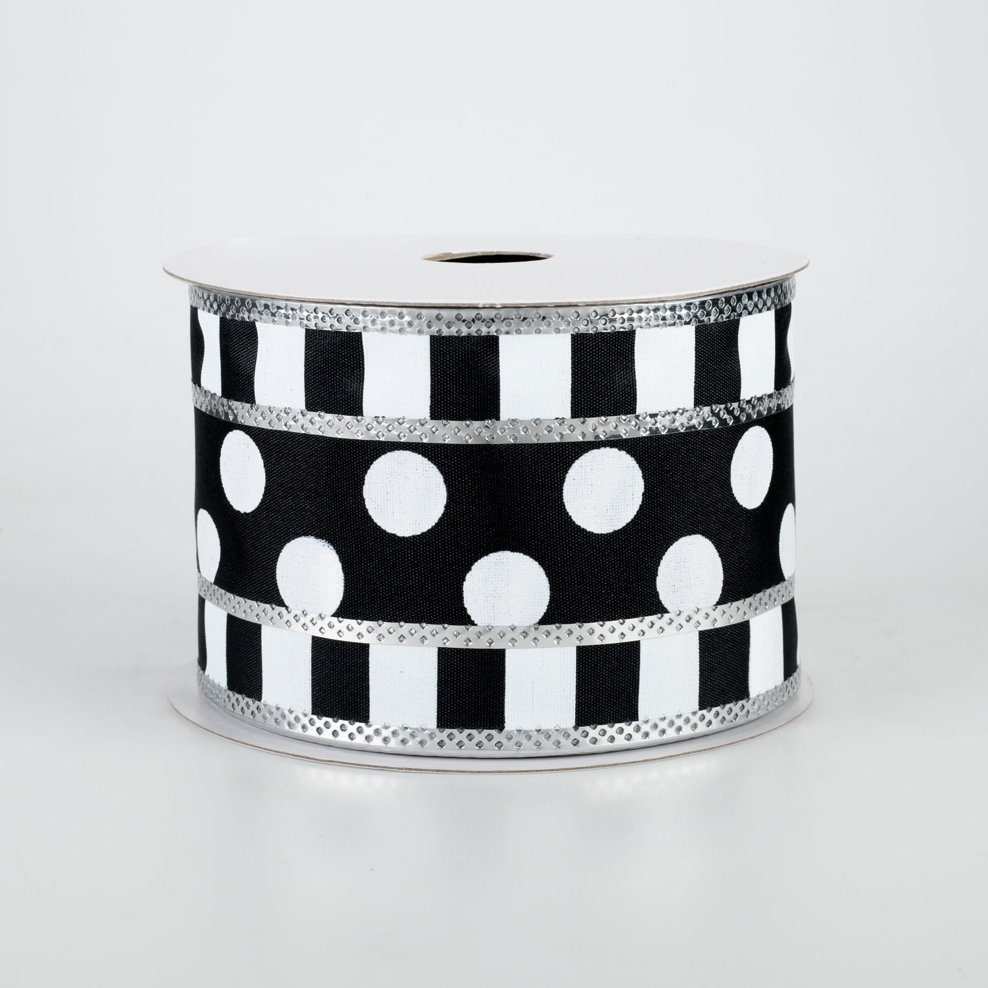 2.5" Striped Edge Polka Dot Ribbon: Black, White, Silverd (10 Yards)