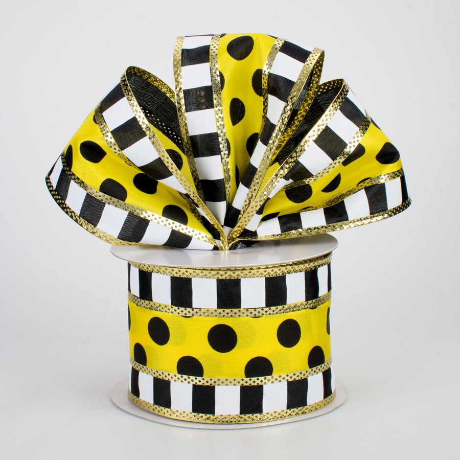 2.5" Striped Edge Polka Dot Ribbon: Black, Yellow, White (10 Yards) Lifestyle Photo