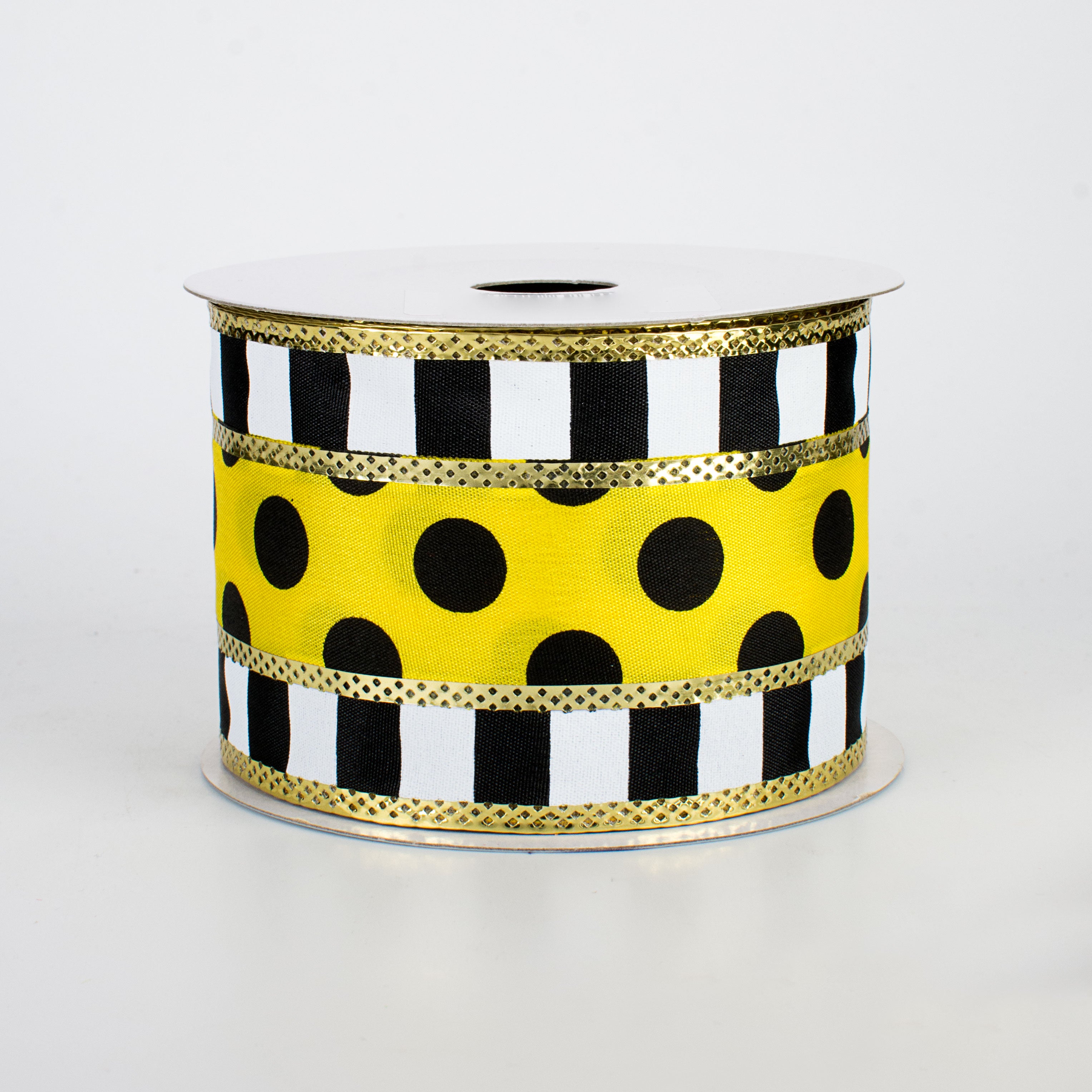 2.5" Striped Edge Polka Dot Ribbon: Black, Yellow, White (10 Yards)