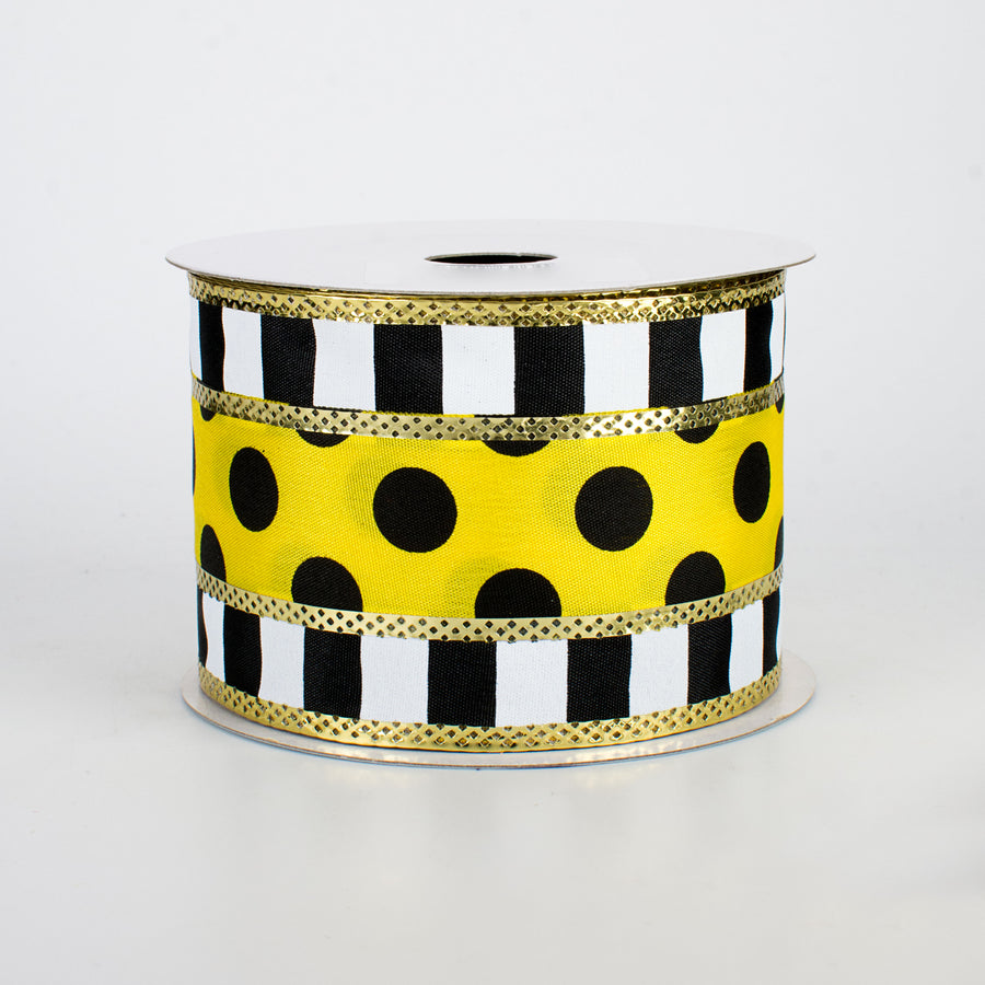 2.5" Striped Edge Polka Dot Ribbon: Black, Yellow, White (10 Yards)