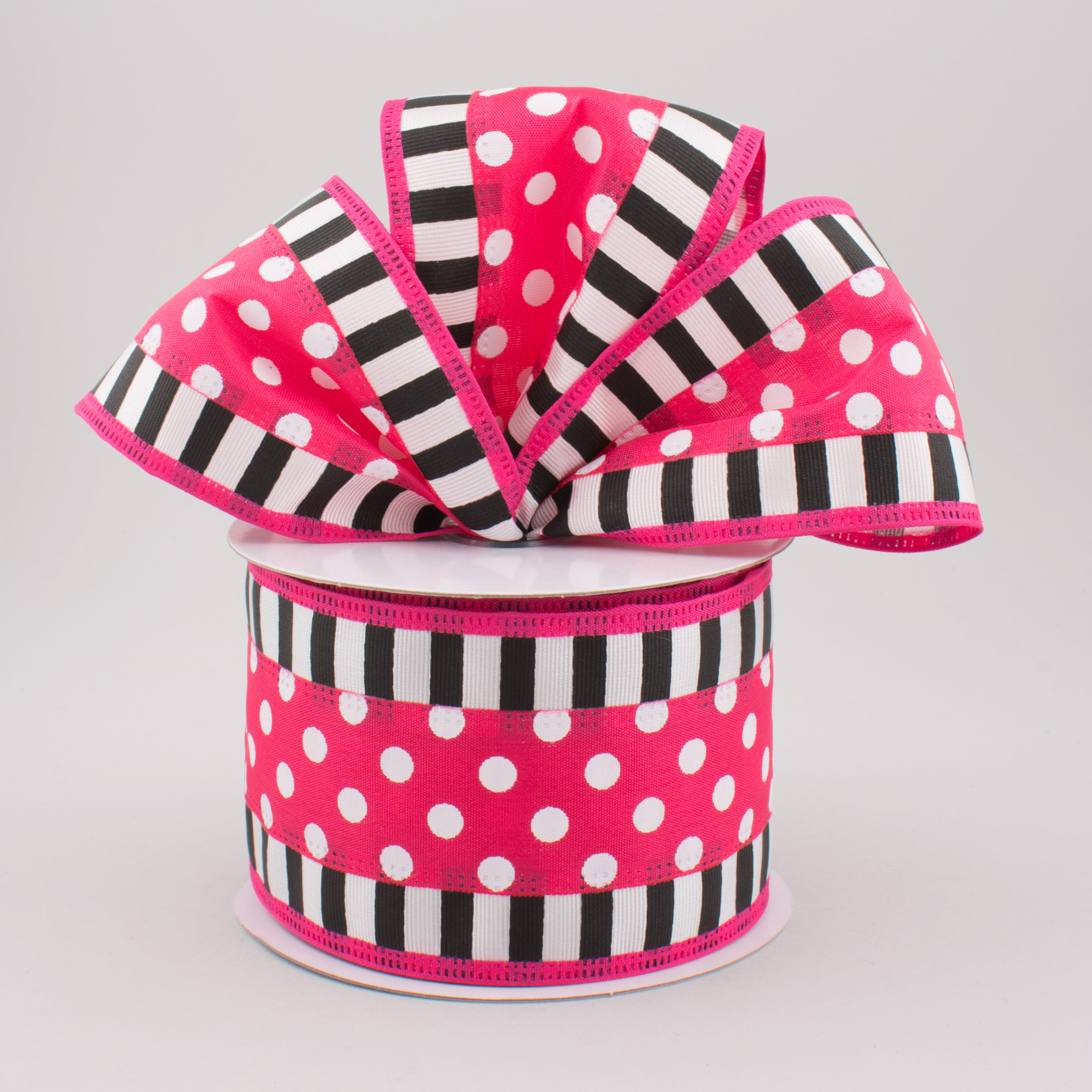 2.5" Striped Edge Polka Dot Ribbon: Fuchsia, Black & White (10 Yards) Lifestyle Photo