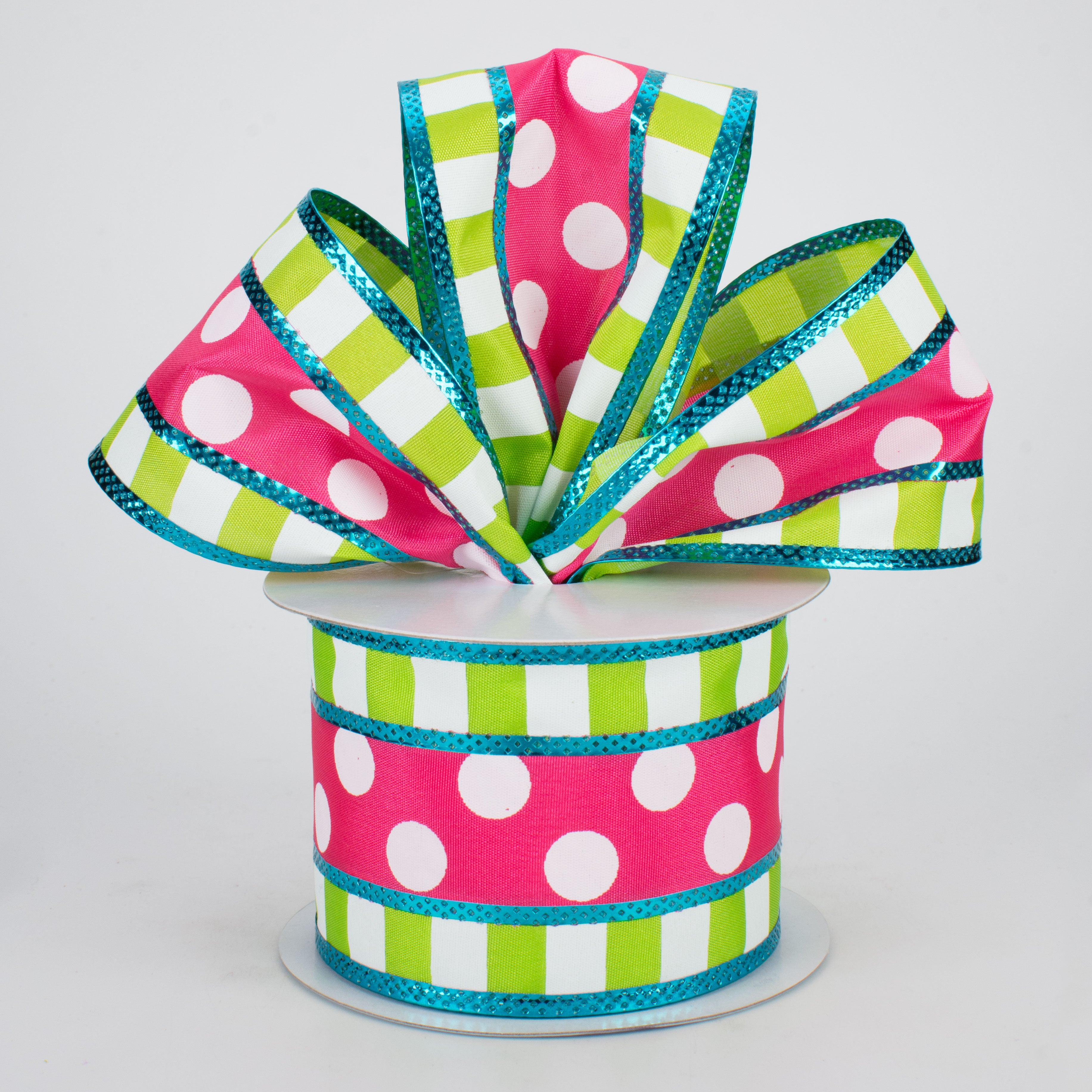 2.5" Striped Edge Polka Dot Ribbon: Hot Pink, Lime, Turquoise (10 Yards) Lifestyle Photo