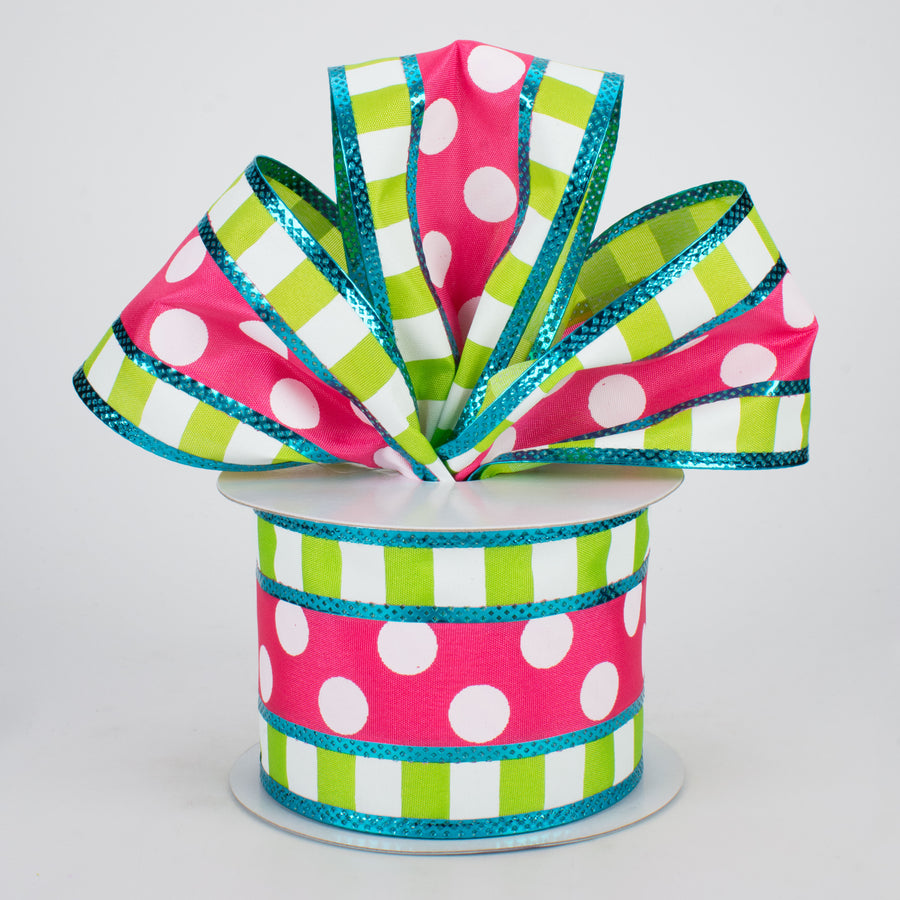 2.5" Striped Edge Polka Dot Ribbon: Hot Pink, Lime, Turquoise (10 Yards) Lifestyle Photo