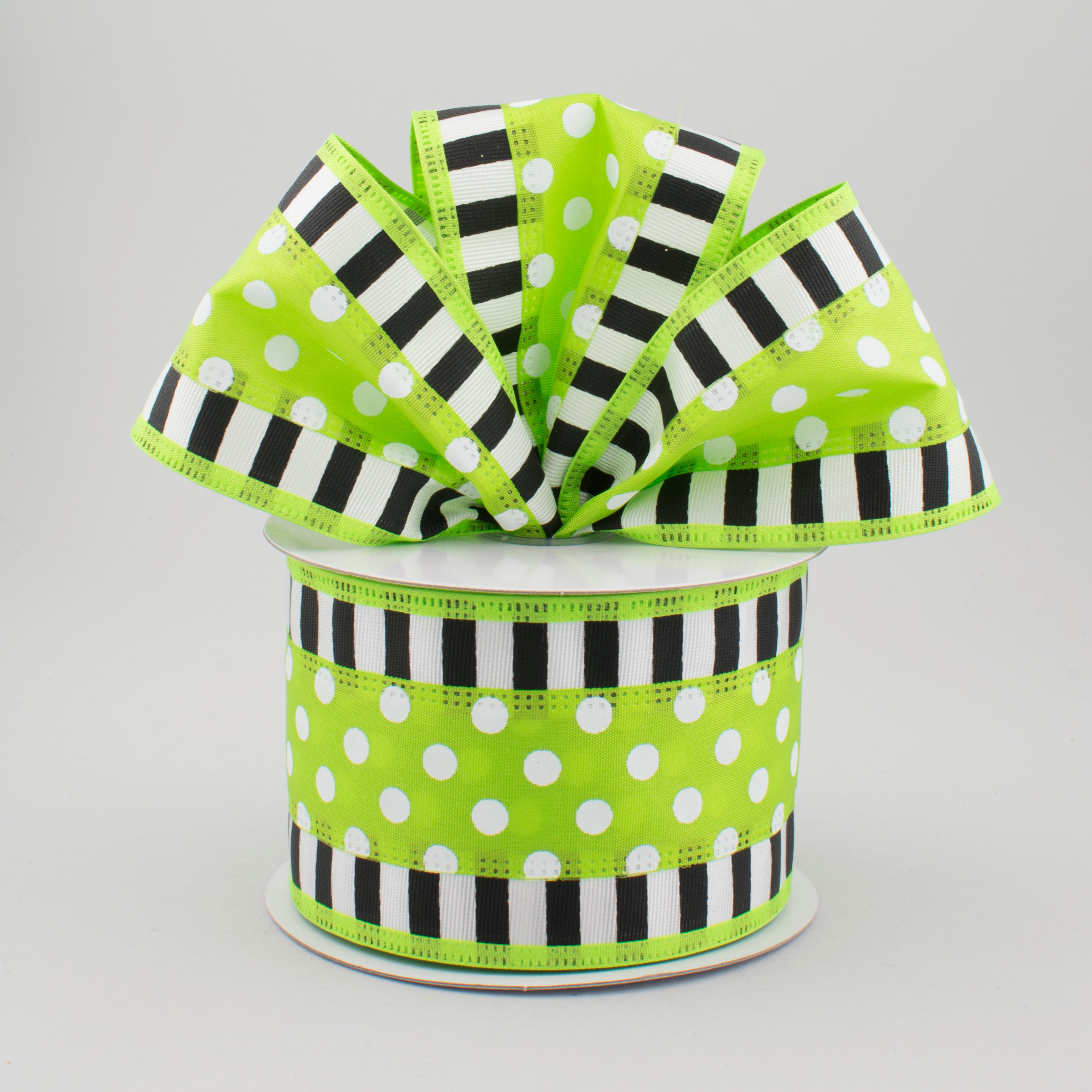 2.5" Striped Edge Polka Dot Ribbon: Lime, Black & White (10 Yards) Lifestyle Photo