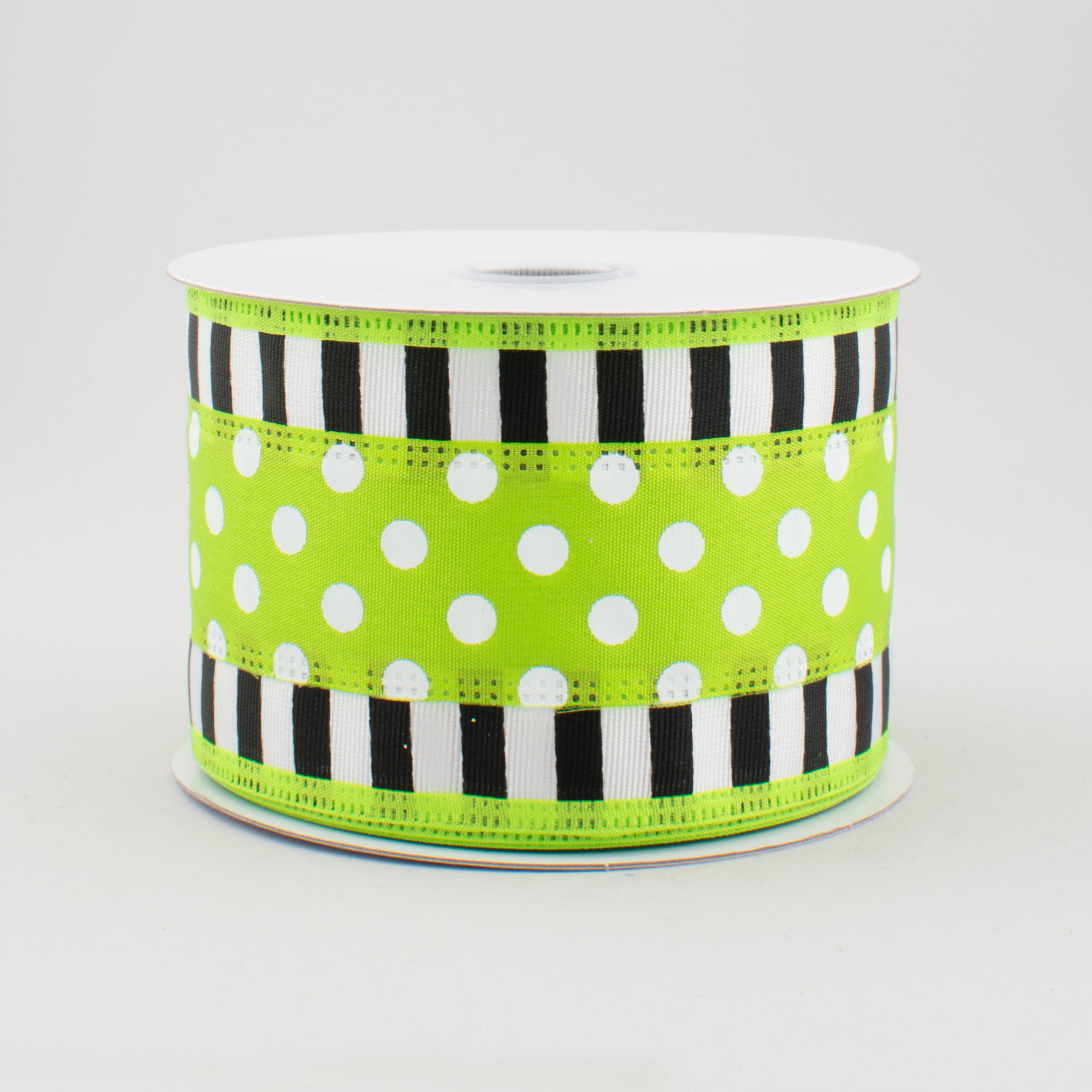 2.5" Striped Edge Polka Dot Ribbon: Lime, Black & White (10 Yards)