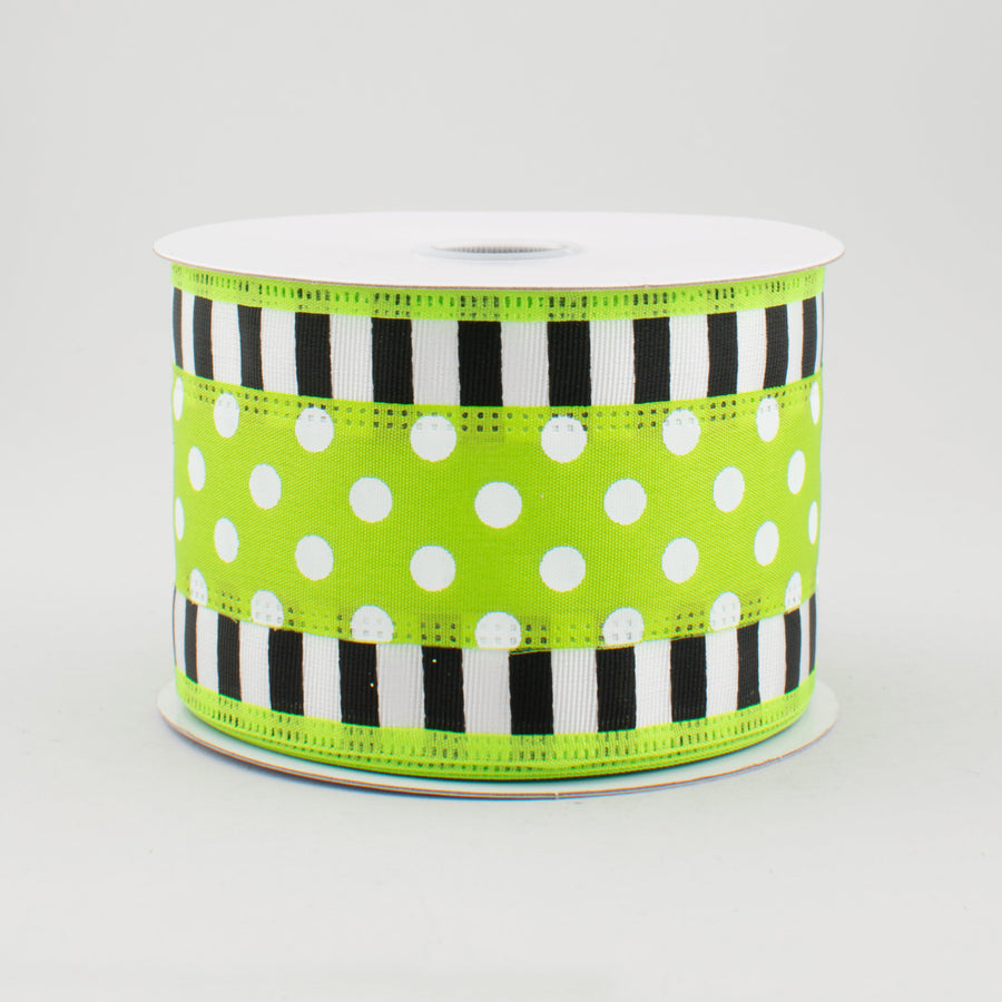 2.5" Striped Edge Polka Dot Ribbon: Lime, Black & White (10 Yards)