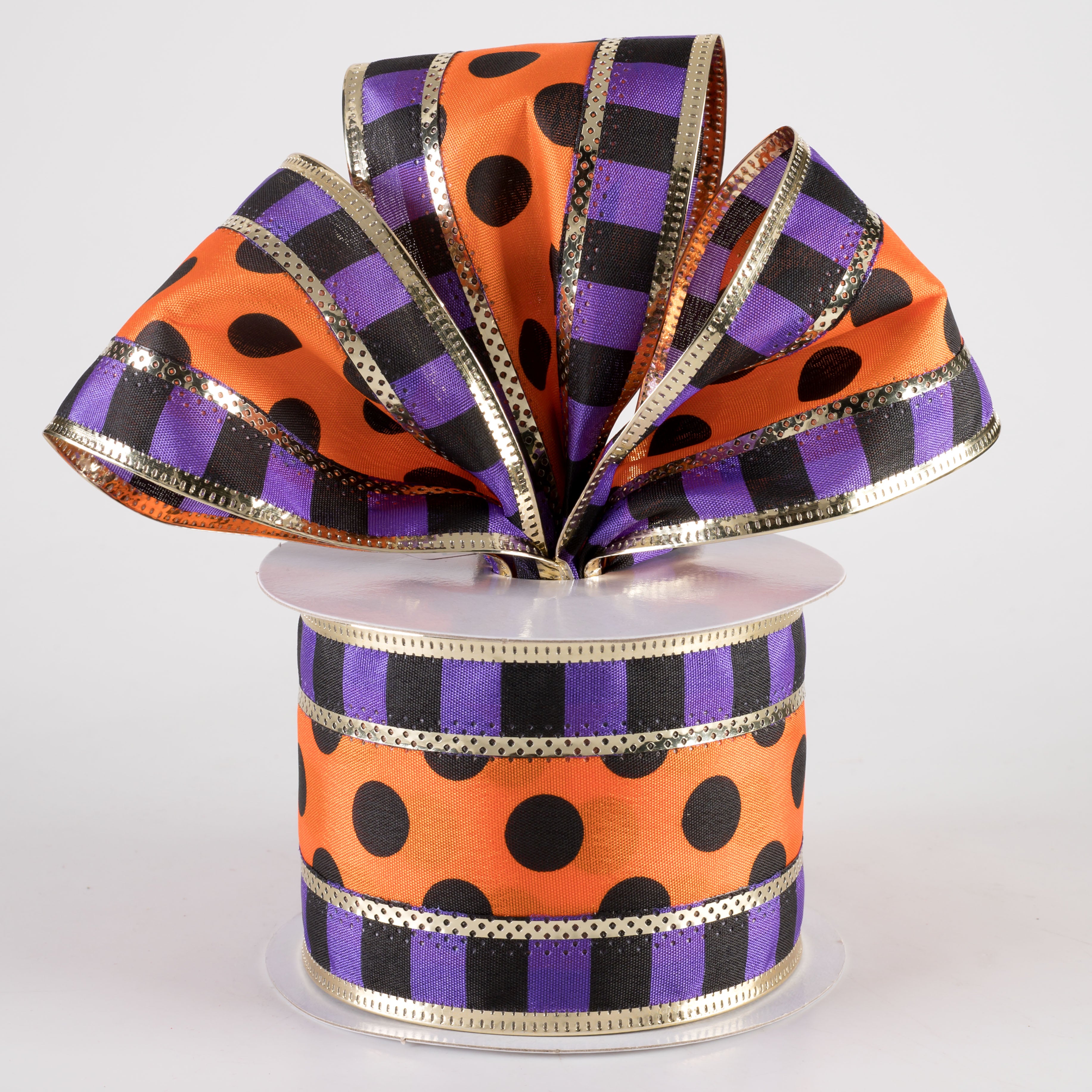 2.5" Striped Edge Polka Dot Ribbon: Purple, Black, Orange, Gold (10 Yards) Lifestyle Photo