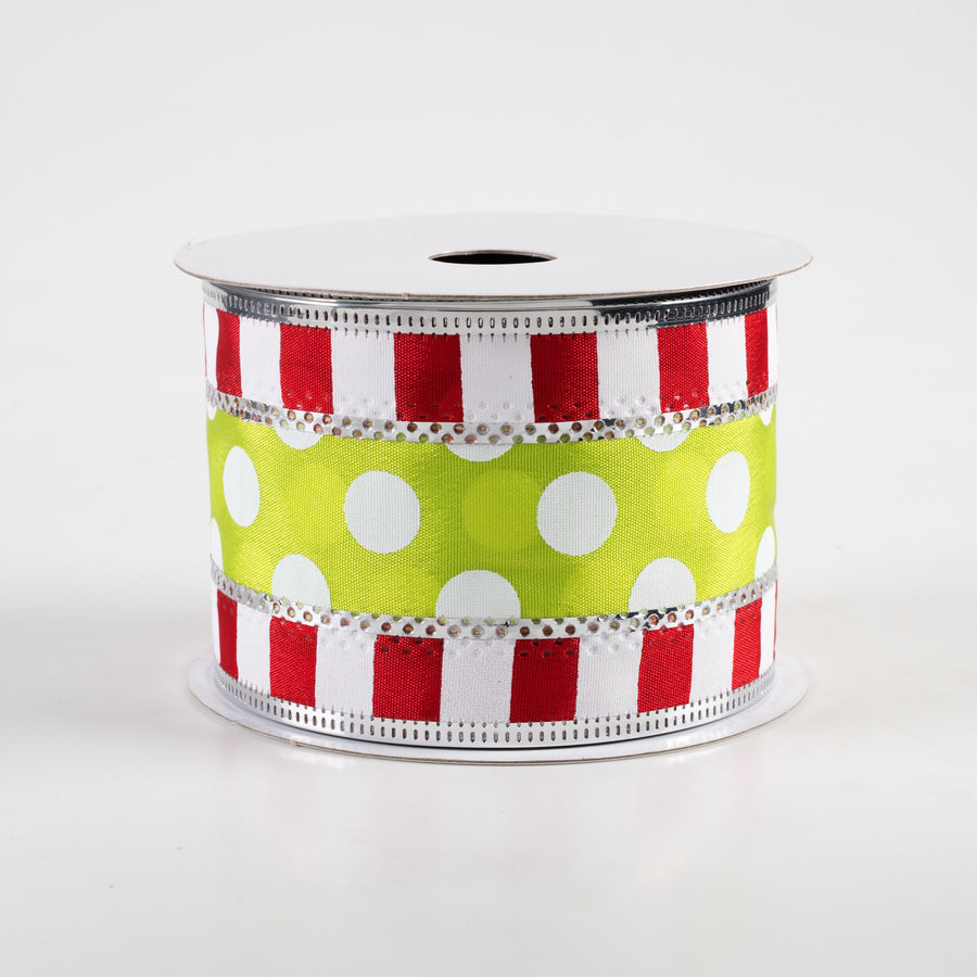 2.5" Striped Edge Polka Dot Ribbon: Red, Green, White (10 Yards)