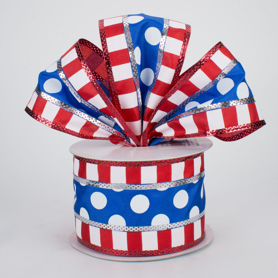 2.5" Striped Edge Polka Dot Ribbon: Red, White, Blue (10 Yards) Lifestyle Photo
